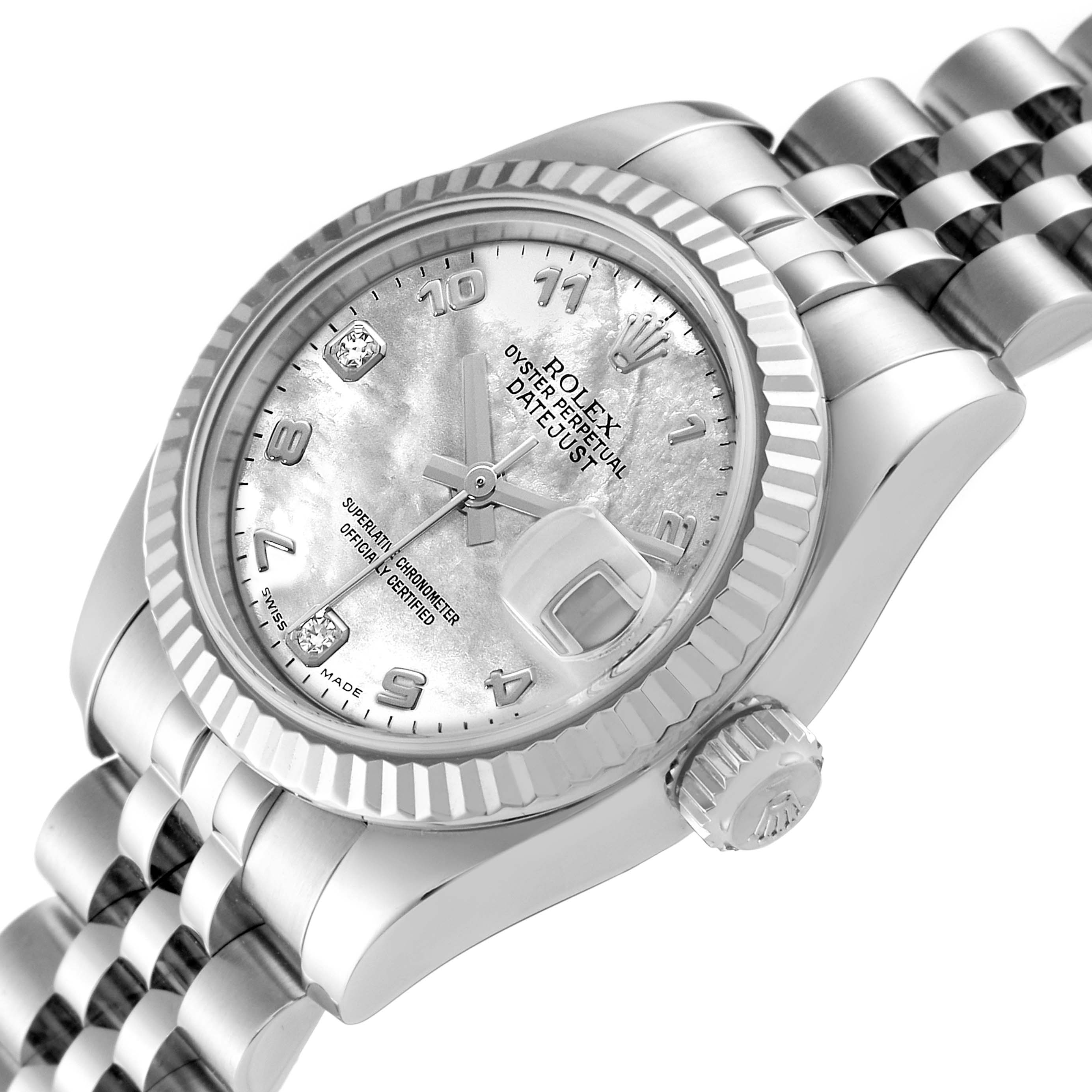 The image shows a close-up angle of a Rolex Datejust 179174 Women
s Stainless Steel Mother of Pearl Dial 179174 Women
s Stainless Steel Mother of Pearl Dial watch, displaying the face, bezel, crown, and part of the bracelet.