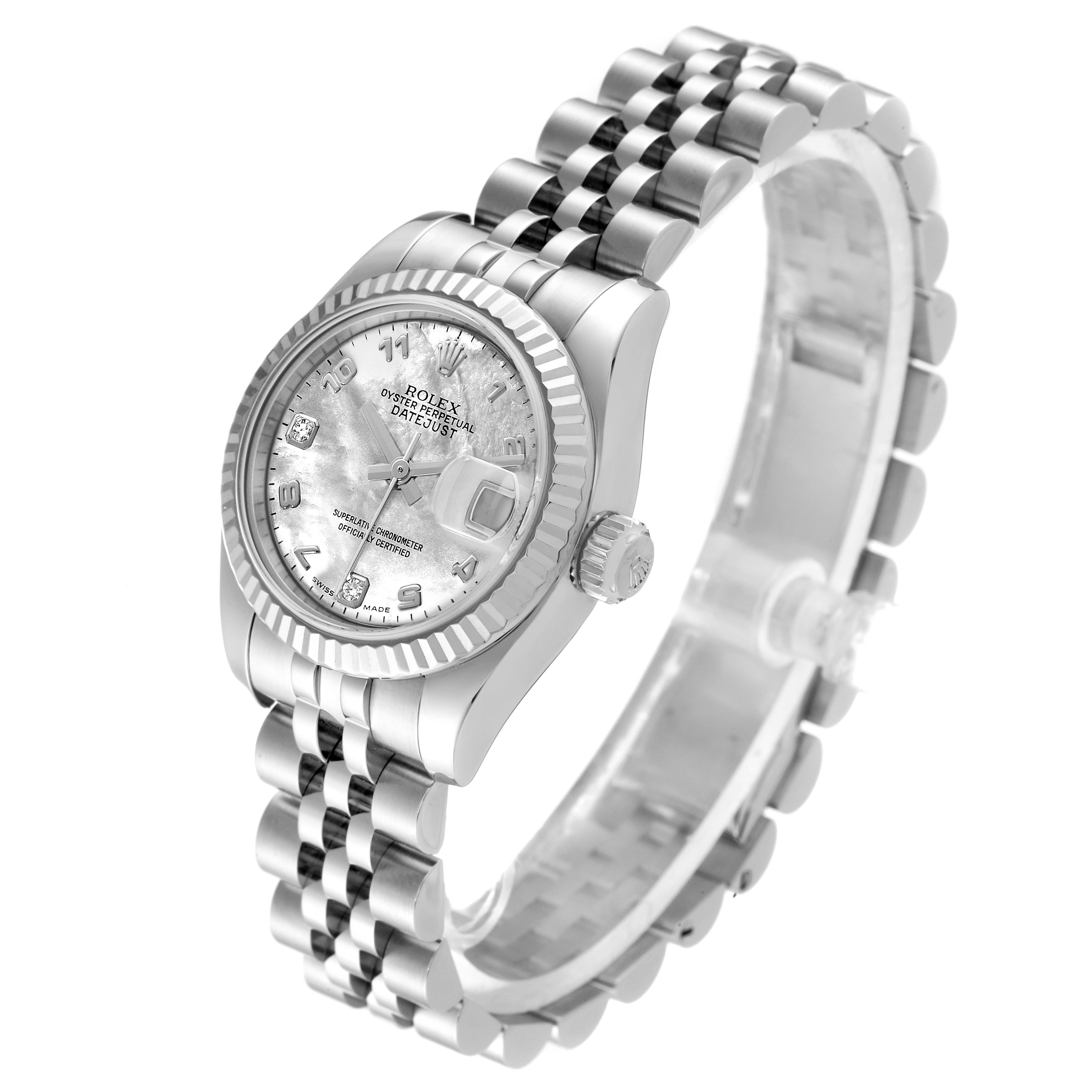 The image shows a Rolex Datejust 179174 Women
s Stainless Steel Mother of Pearl Dial 179174 Women
s Stainless Steel Mother of Pearl Dial watch angled from the top right, displaying its face, bezel, crown, and Jubilee bracelet.