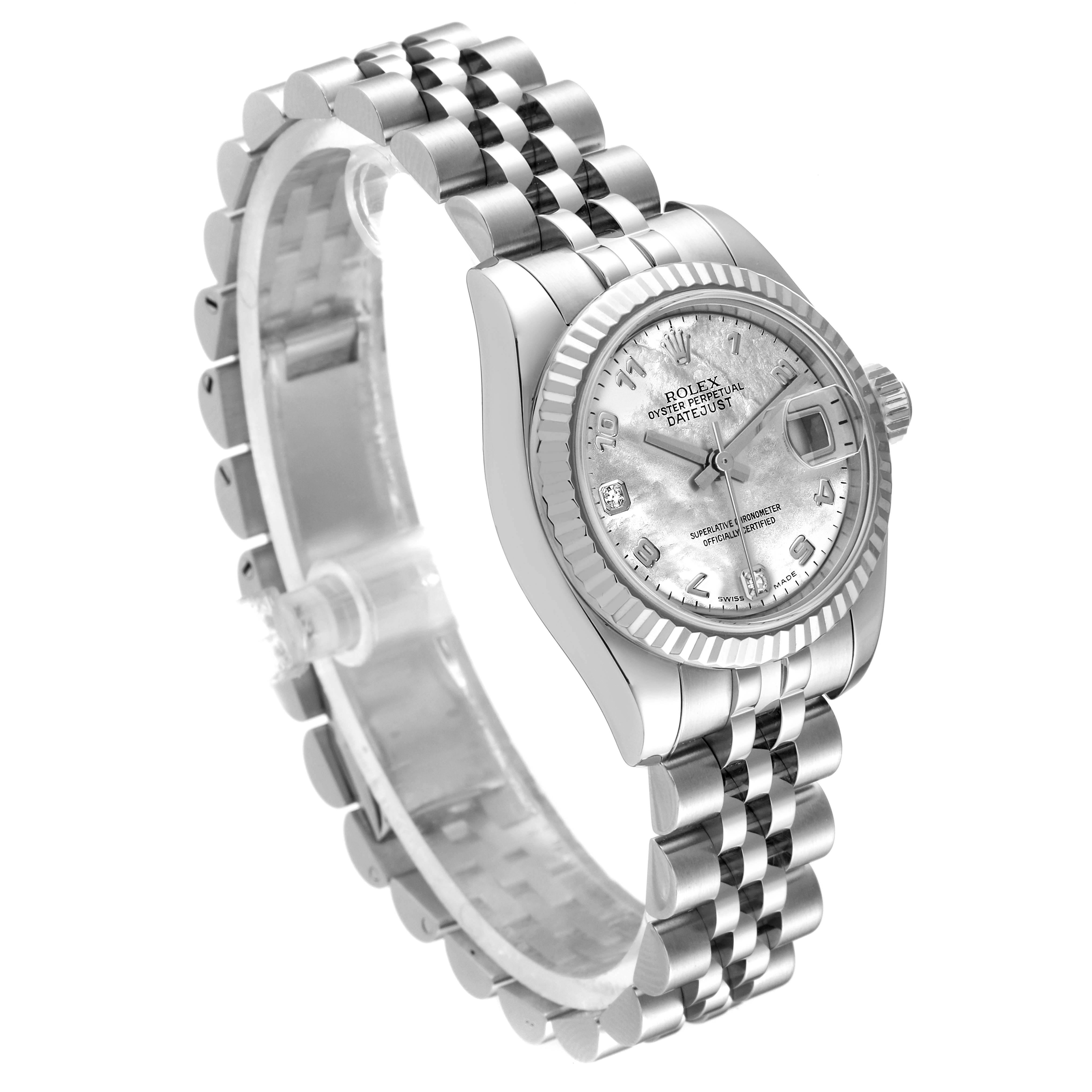 This image shows a Rolex Datejust 179174 Women
s Stainless Steel Mother of Pearl Dial 179174 Women
s Stainless Steel Mother of Pearl Dial watch angled diagonally, highlighting its face, fluted bezel, and Jubilee bracelet.