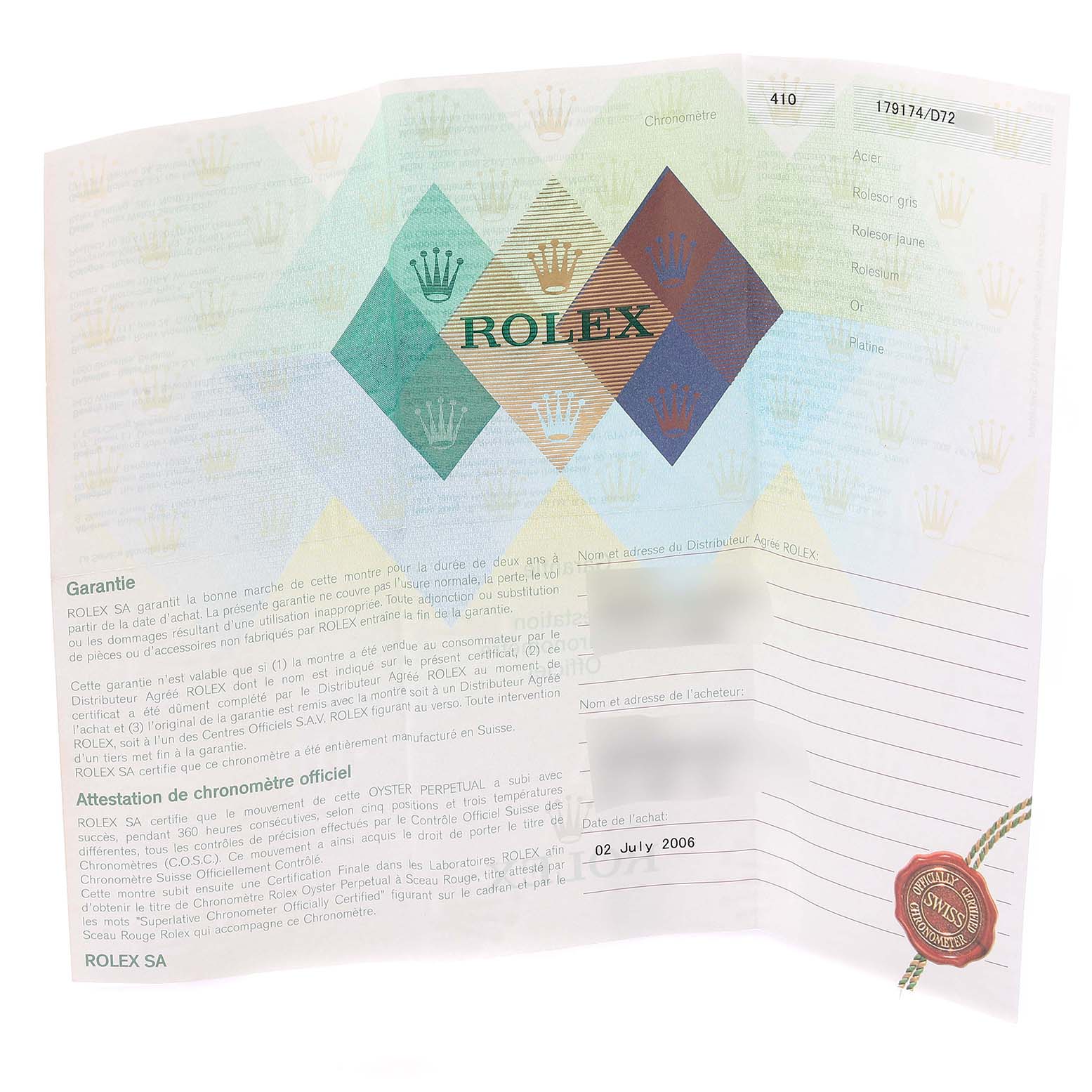 The image shows a warranty card and documentation for a Rolex Datejust 179174 Women
s Stainless Steel Mother of Pearl Dial 179174 Women
s Stainless Steel Mother of Pearl Dial watch.