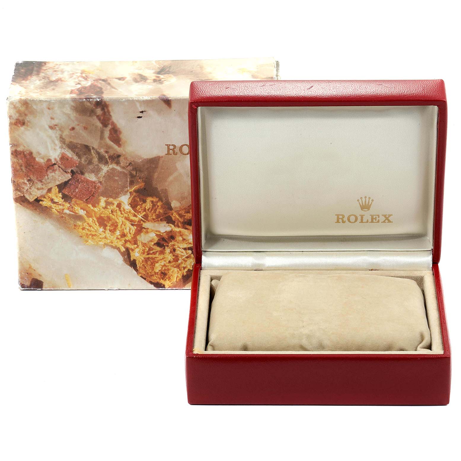 The image shows the packaging of a Rolex Datejust 69174 Women's Stainless Steel Silver Dial 69174 Women's Stainless Steel Silver Dial watch, including an open red watch box and an outer decorative box.