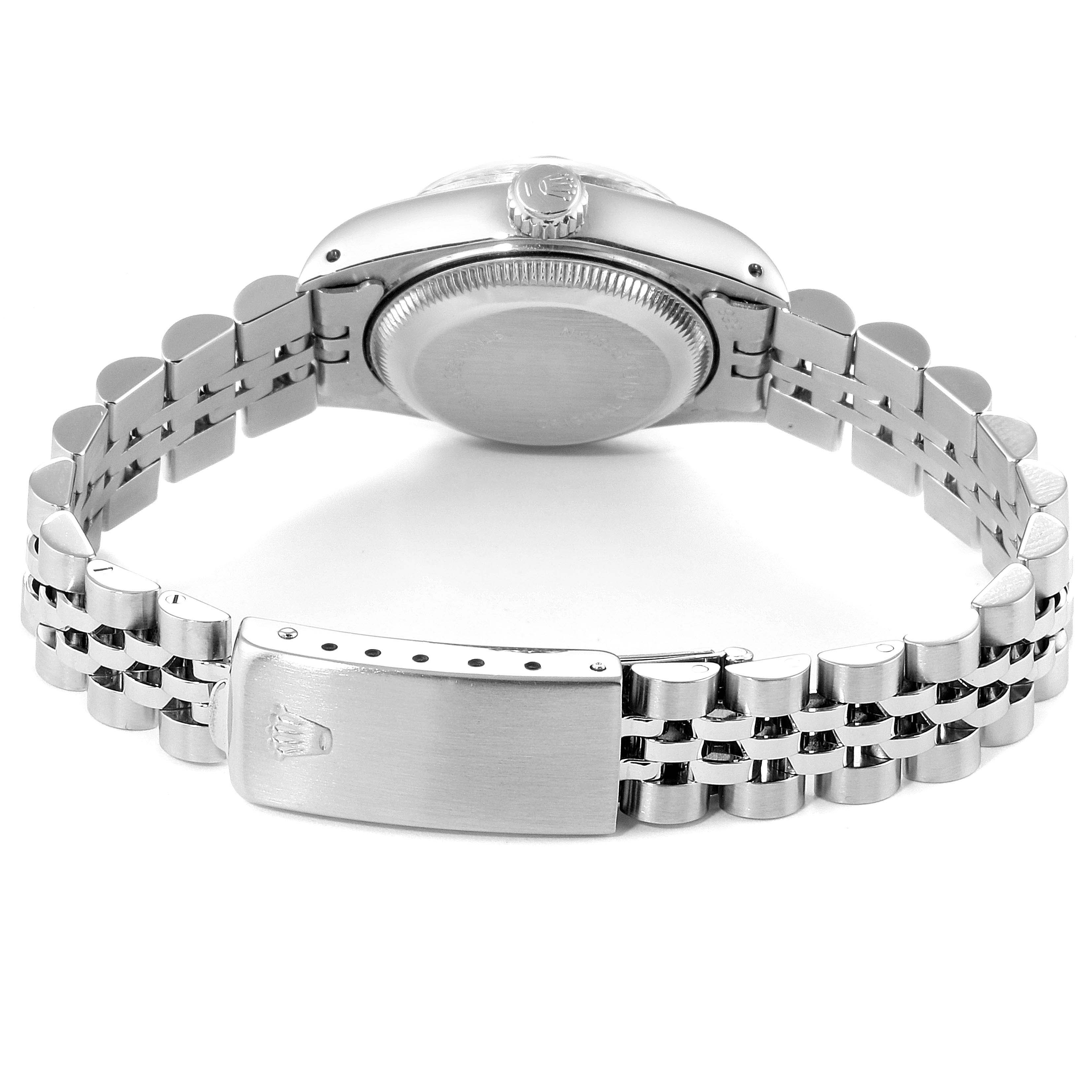 The image shows the back and clasp of the Rolex Datejust 69174 Women's Stainless Steel Silver Dial 69174 Women's Stainless Steel Silver Dial watch, highlighting its bracelet and case back.