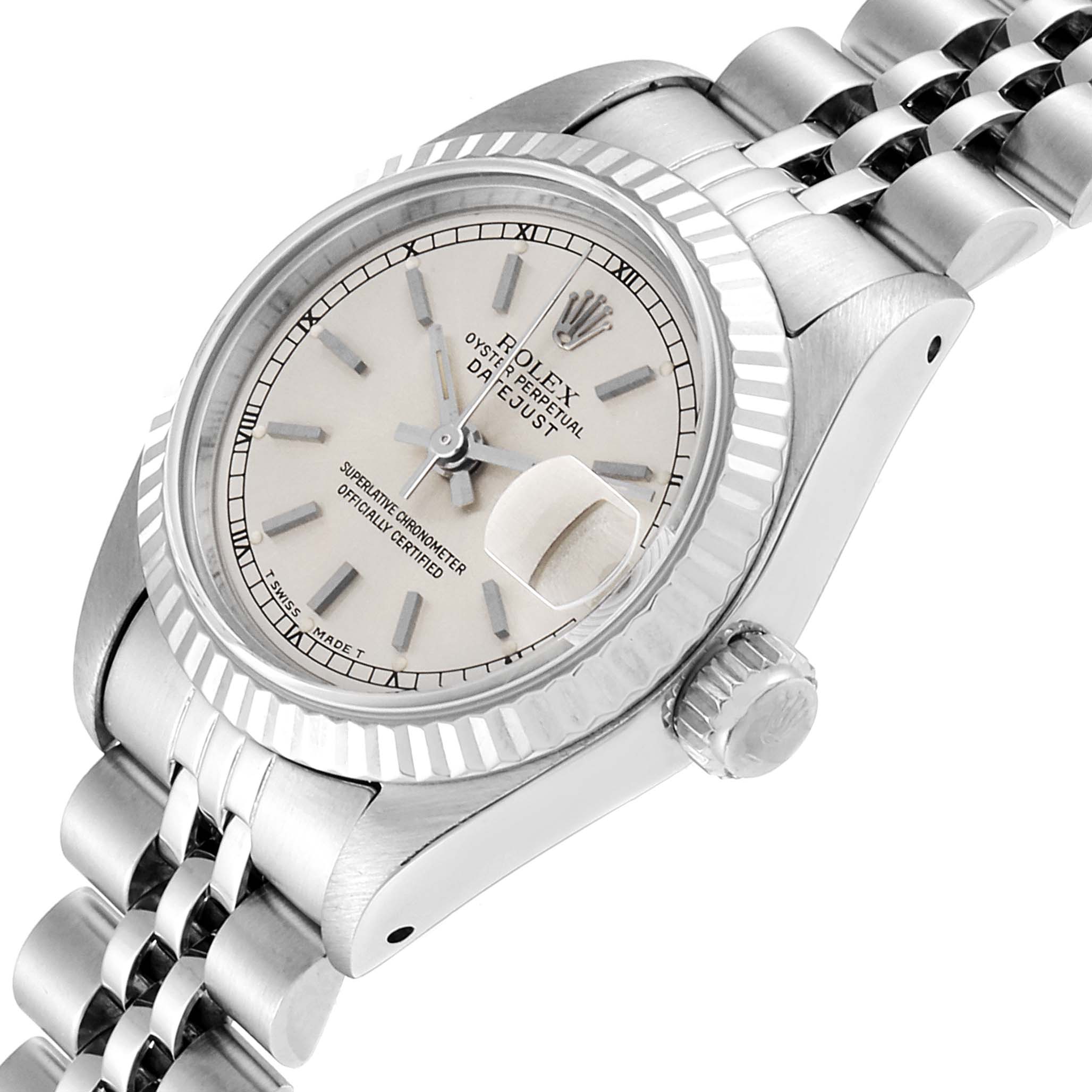 The image shows a side angle view of a Rolex Datejust 69174 Women's Stainless Steel Silver Dial 69174 Women's Stainless Steel Silver Dial watch, highlighting the dial, crown, bezel, and part of the bracelet.