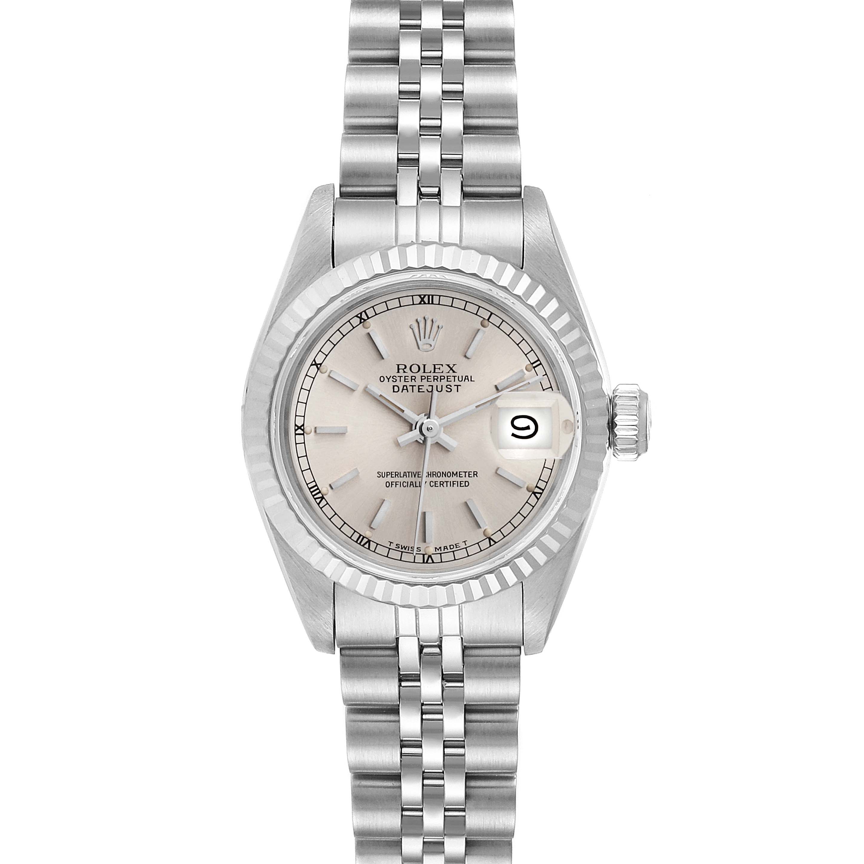This is a frontal view of a Rolex Datejust 69174 Women's Stainless Steel Silver Dial 69174 Women's Stainless Steel Silver Dial watch, showing the dial, hands, date, bezel, and bracelet.