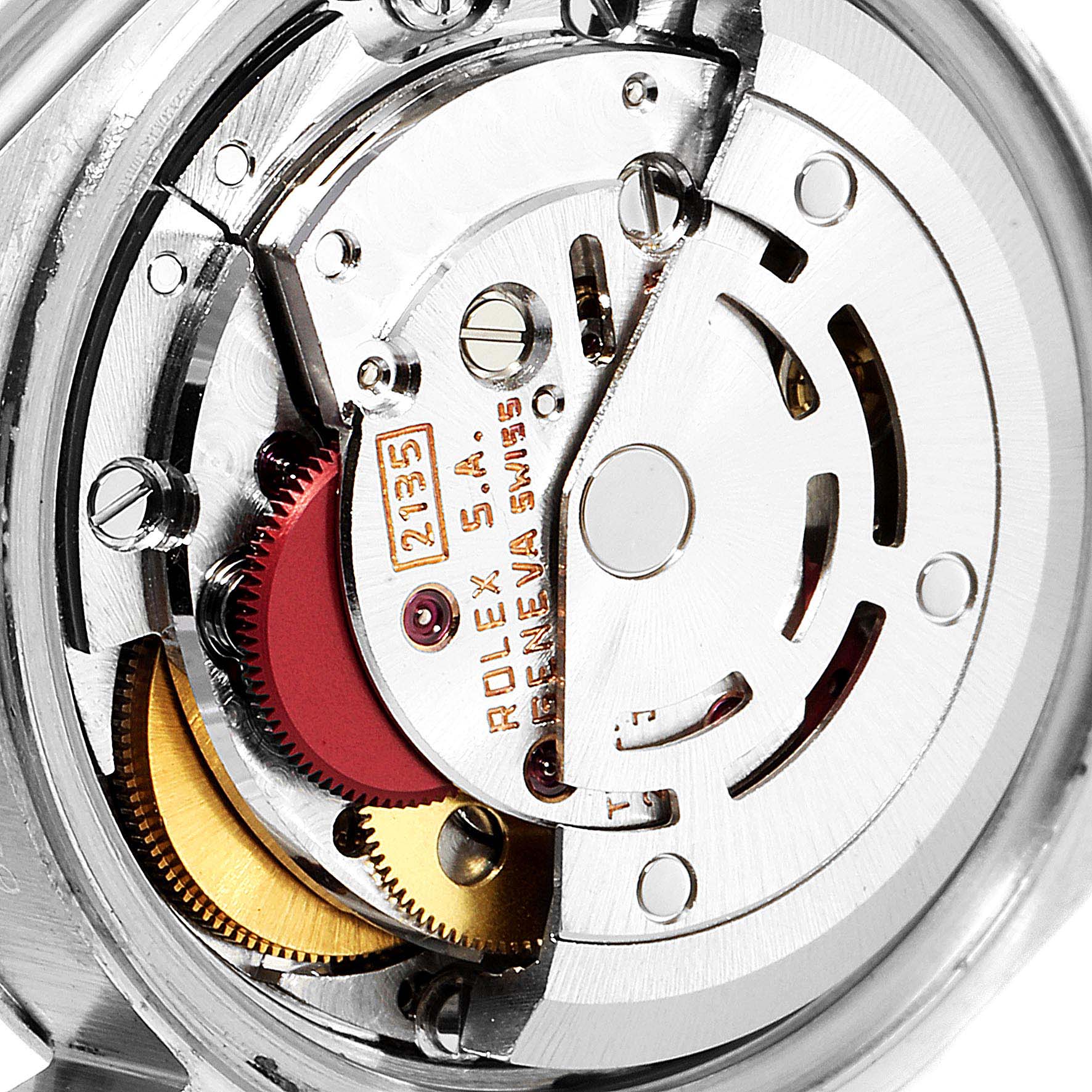 This image shows a close-up view of the Rolex Datejust 69174 Women's Stainless Steel Silver Dial 69174 Women's Stainless Steel Silver Dial watch movement, highlighting the intricate gears and components.