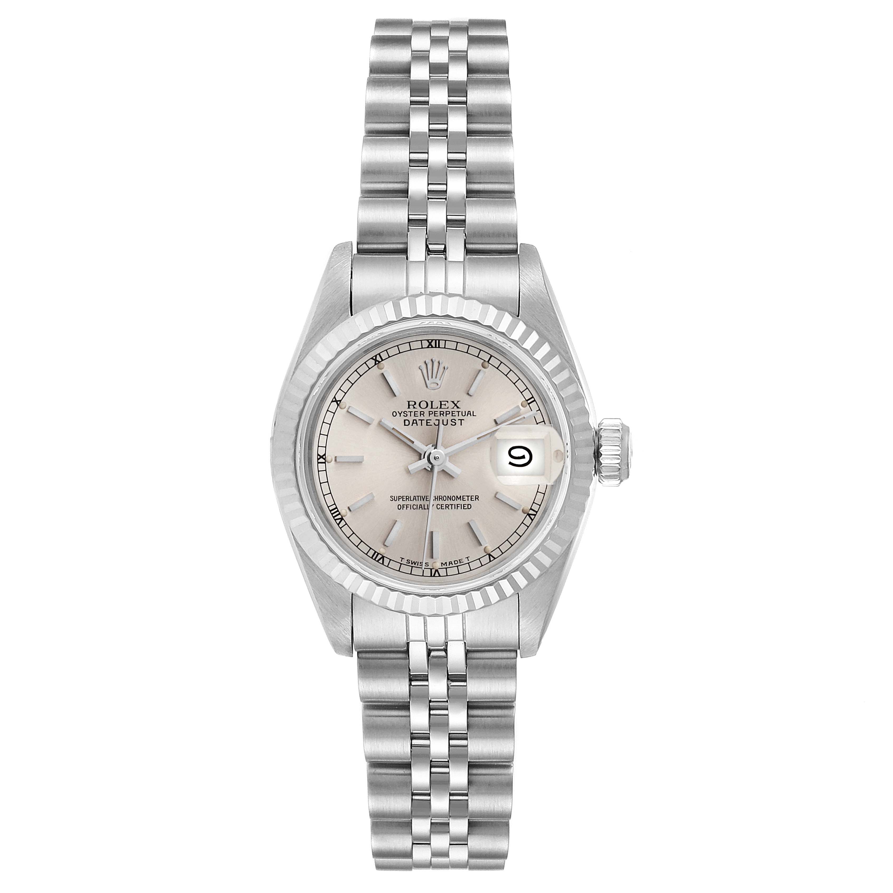 This image shows a front view of the Rolex Datejust 69174 Women's Stainless Steel Silver Dial 69174 Women's Stainless Steel Silver Dial watch, displaying the dial, bezel, and bracelet.