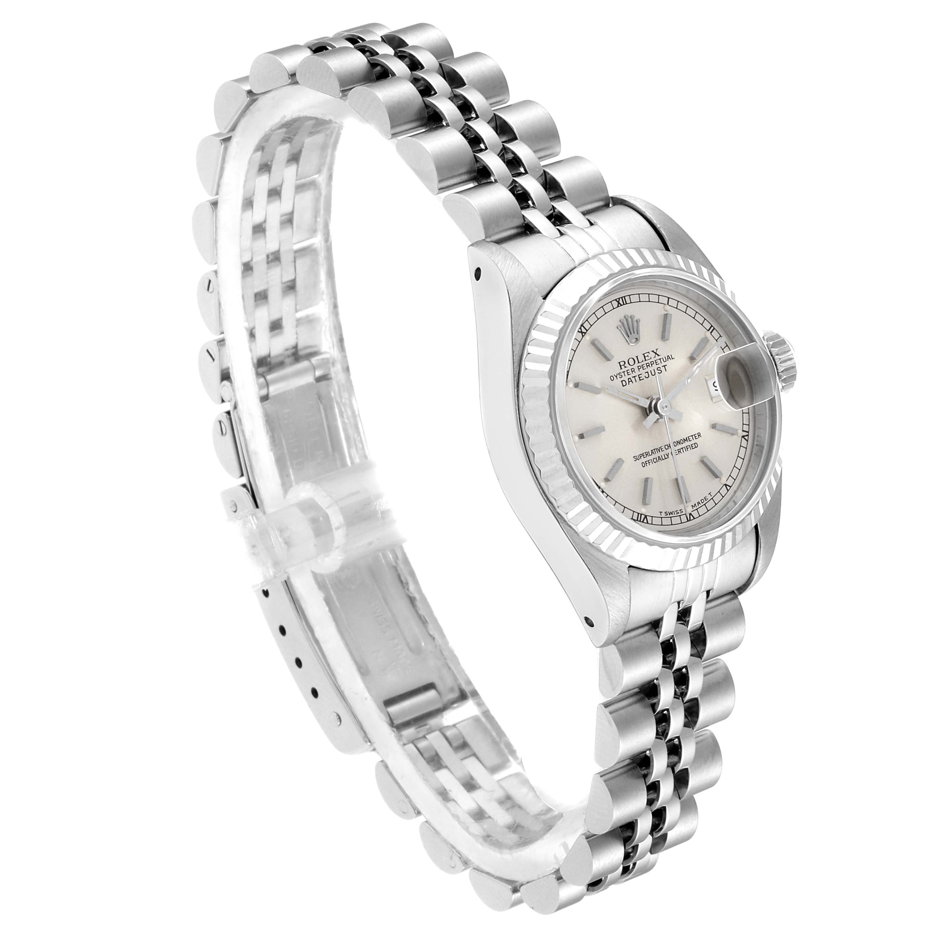 The image shows a Rolex Datejust 69174 Women's Stainless Steel Silver Dial 69174 Women's Stainless Steel Silver Dial watch from an angled side view, highlighting its case, dial, crown, and Jubilee bracelet.