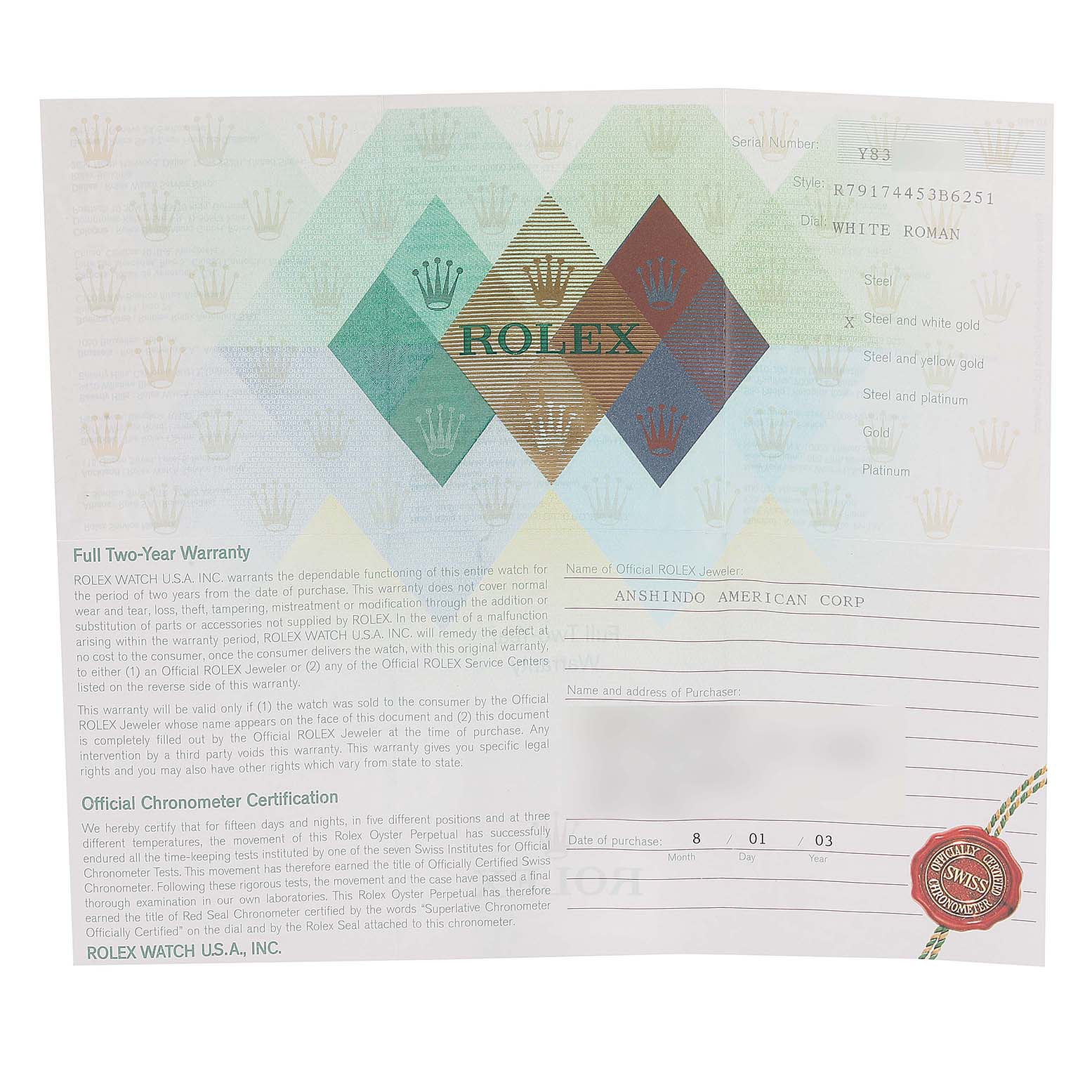 The image shows the warranty card for a Rolex Datejust 79174 Women's Stainless Steel White Dial 79174 Women's Stainless Steel White Dial watch, including serial number, model details, and a certification seal.