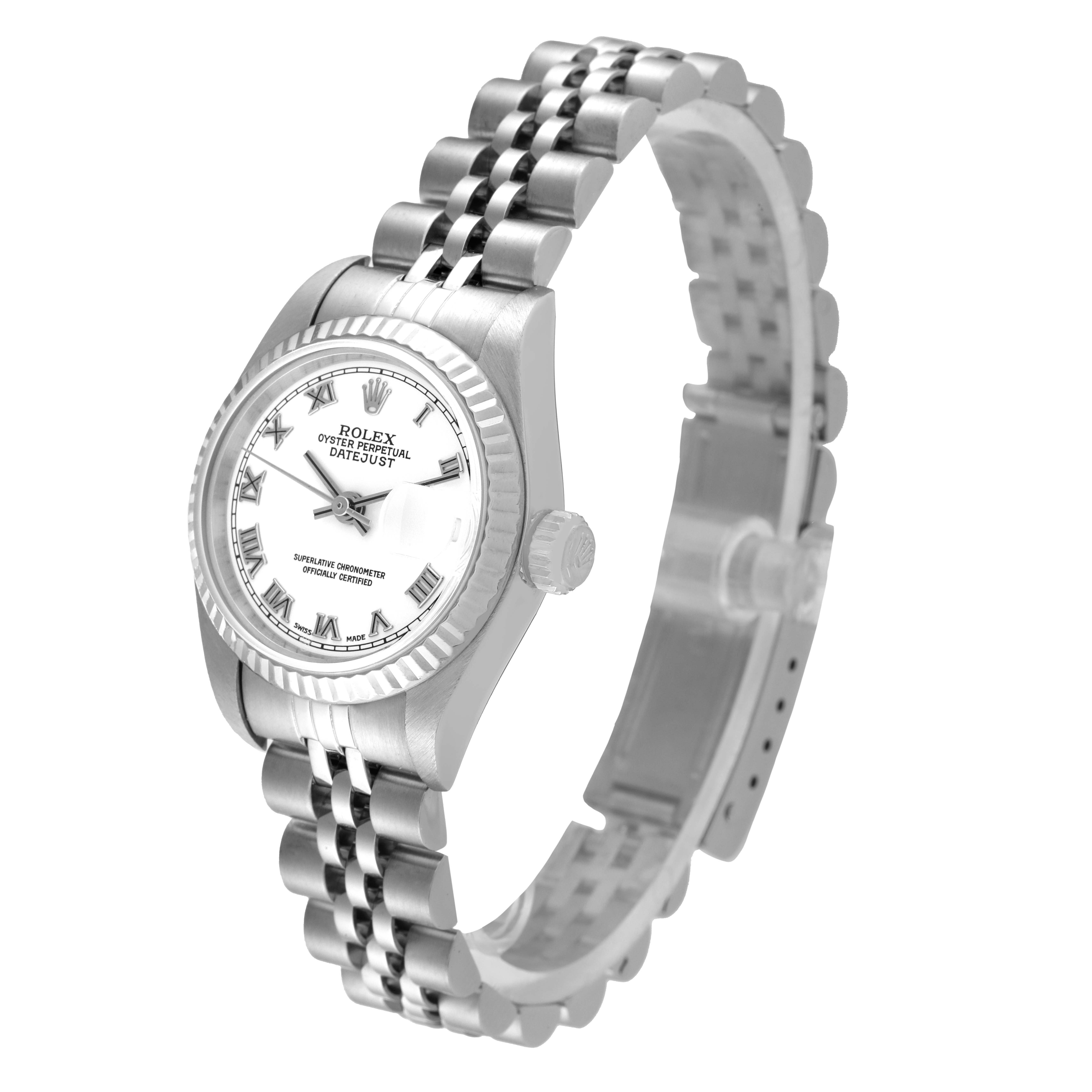 This Rolex Datejust 79174 Women's Stainless Steel White Dial 79174 Women's Stainless Steel White Dial watch is shown at a slight angle, emphasizing its face, bezel, crown, and bracelet.