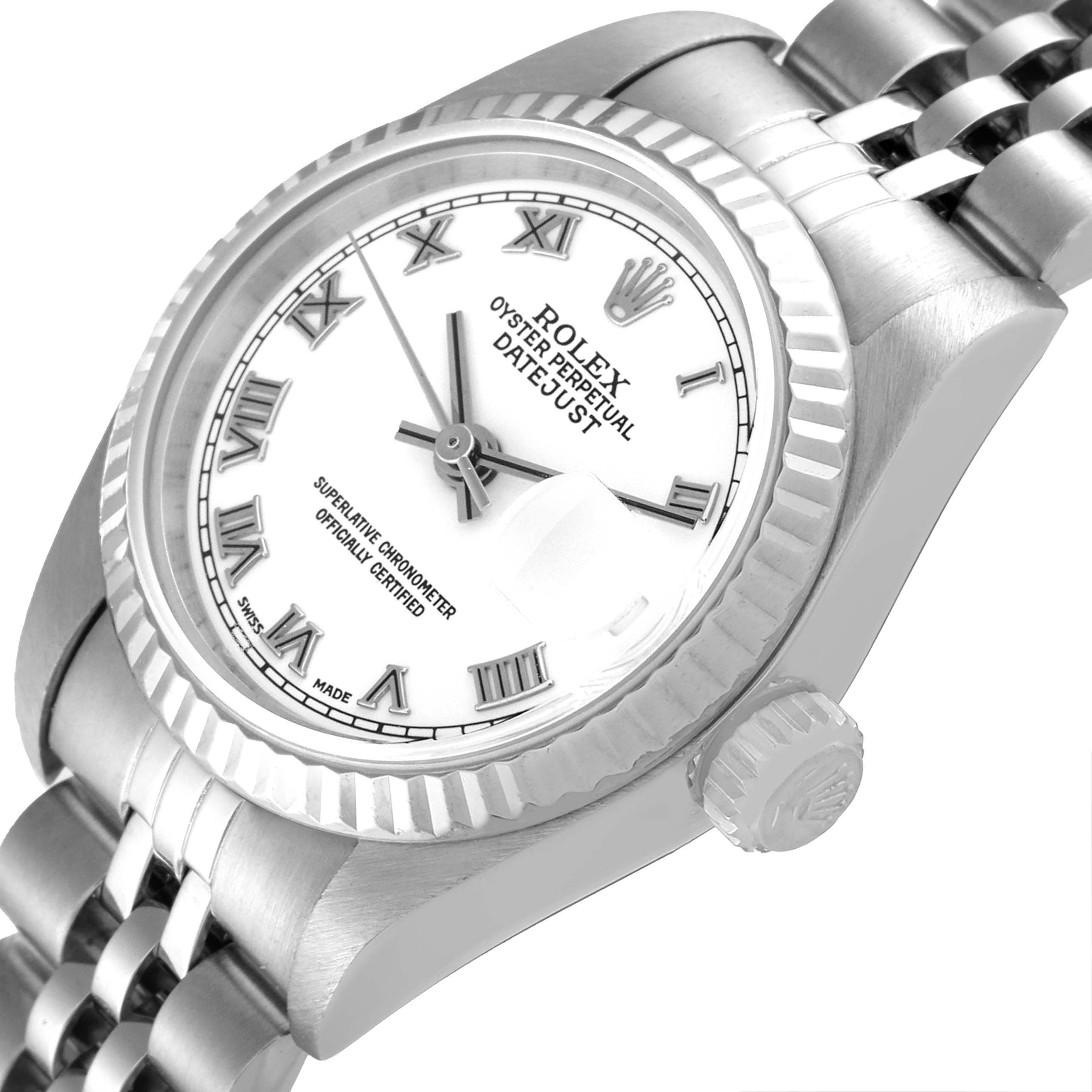 The image shows a close-up angled view of the Rolex Datejust 79174 Women's Stainless Steel White Dial 79174 Women's Stainless Steel White Dial watch, highlighting the dial, crown, and part of the bracelet.