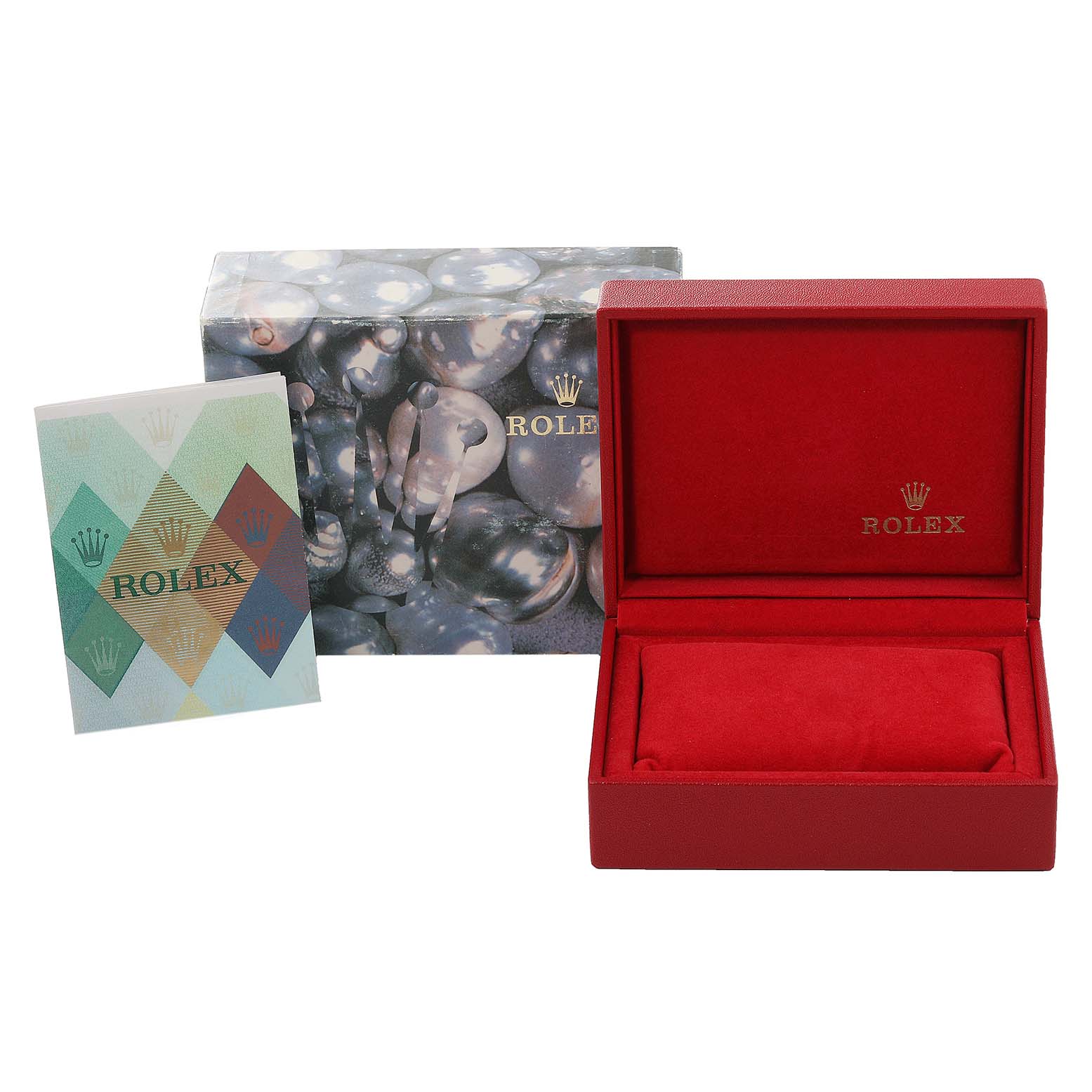 The image shows a Rolex Datejust 79174 Women's Stainless Steel White Dial 79174 Women's Stainless Steel White Dial box set with a red watch box, outer box, and a booklet.