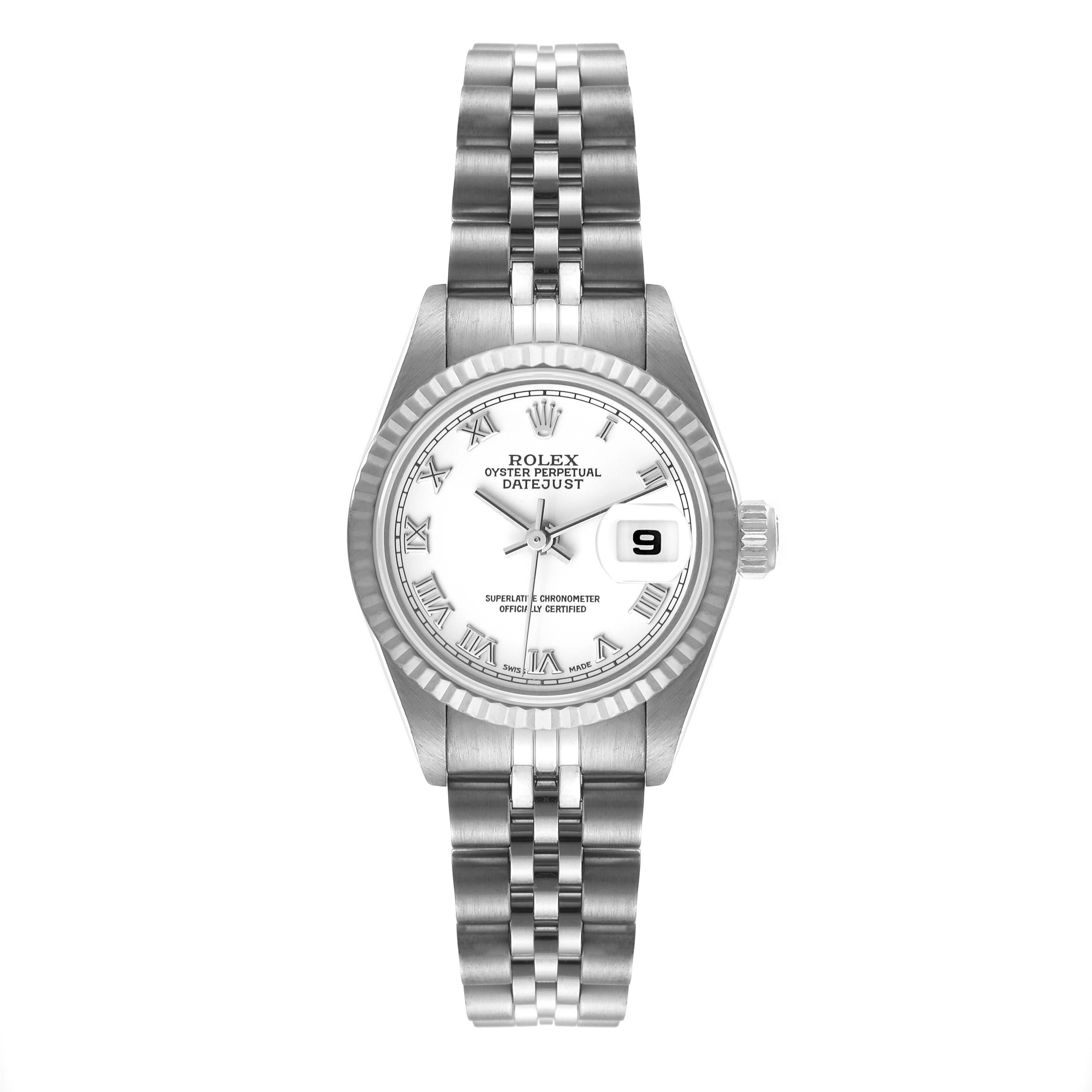 The image shows a front view of a Rolex Datejust 79174 Women's Stainless Steel White Dial 79174 Women's Stainless Steel White Dial watch, displaying the face, bezel, bracelet, and date window.