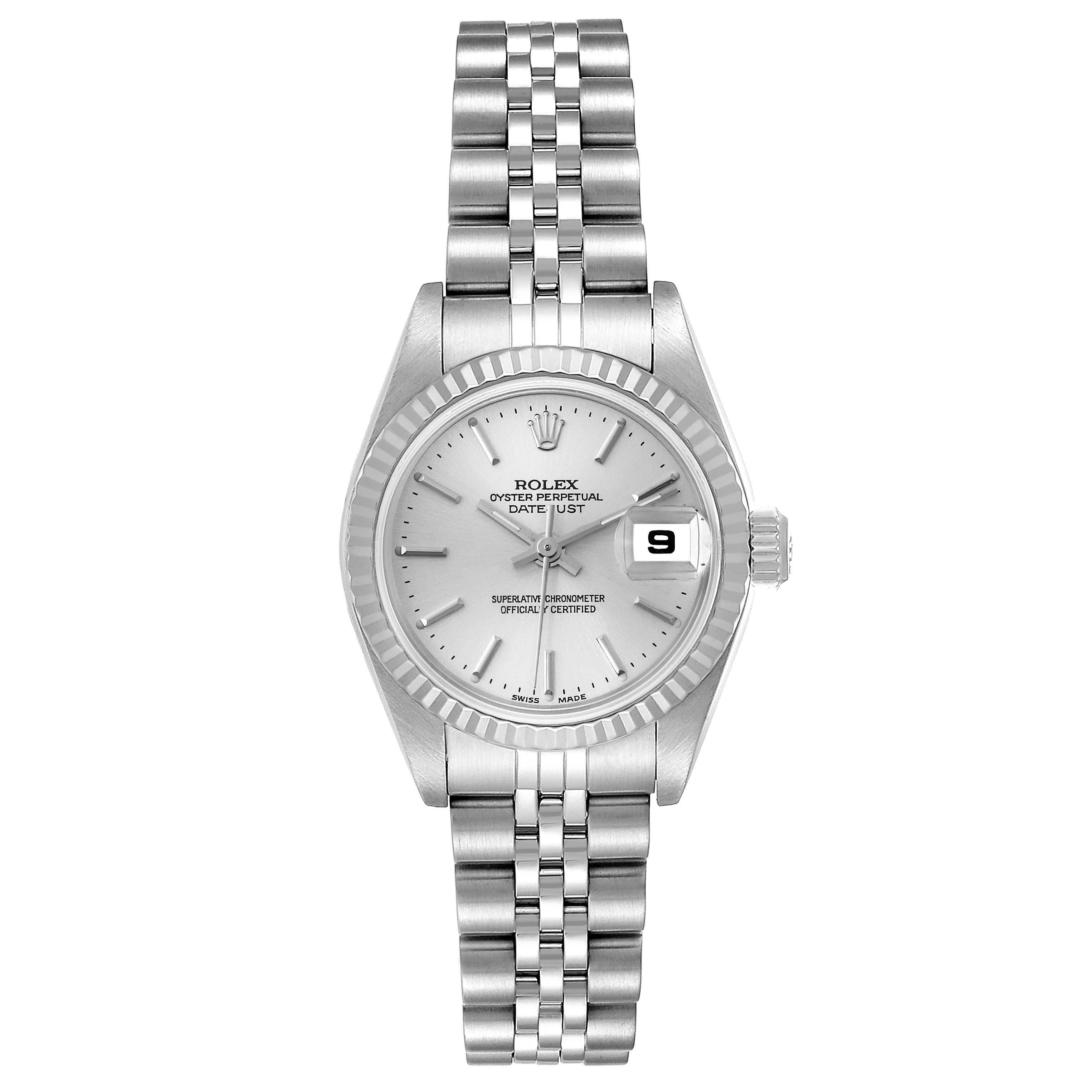 The image shows a Rolex Datejust 79174 Women's Stainless Steel Silver Dial 79174 Women's Stainless Steel Silver Dial watch from a front angle, displaying its dial, bezel, bracelet, and date window.