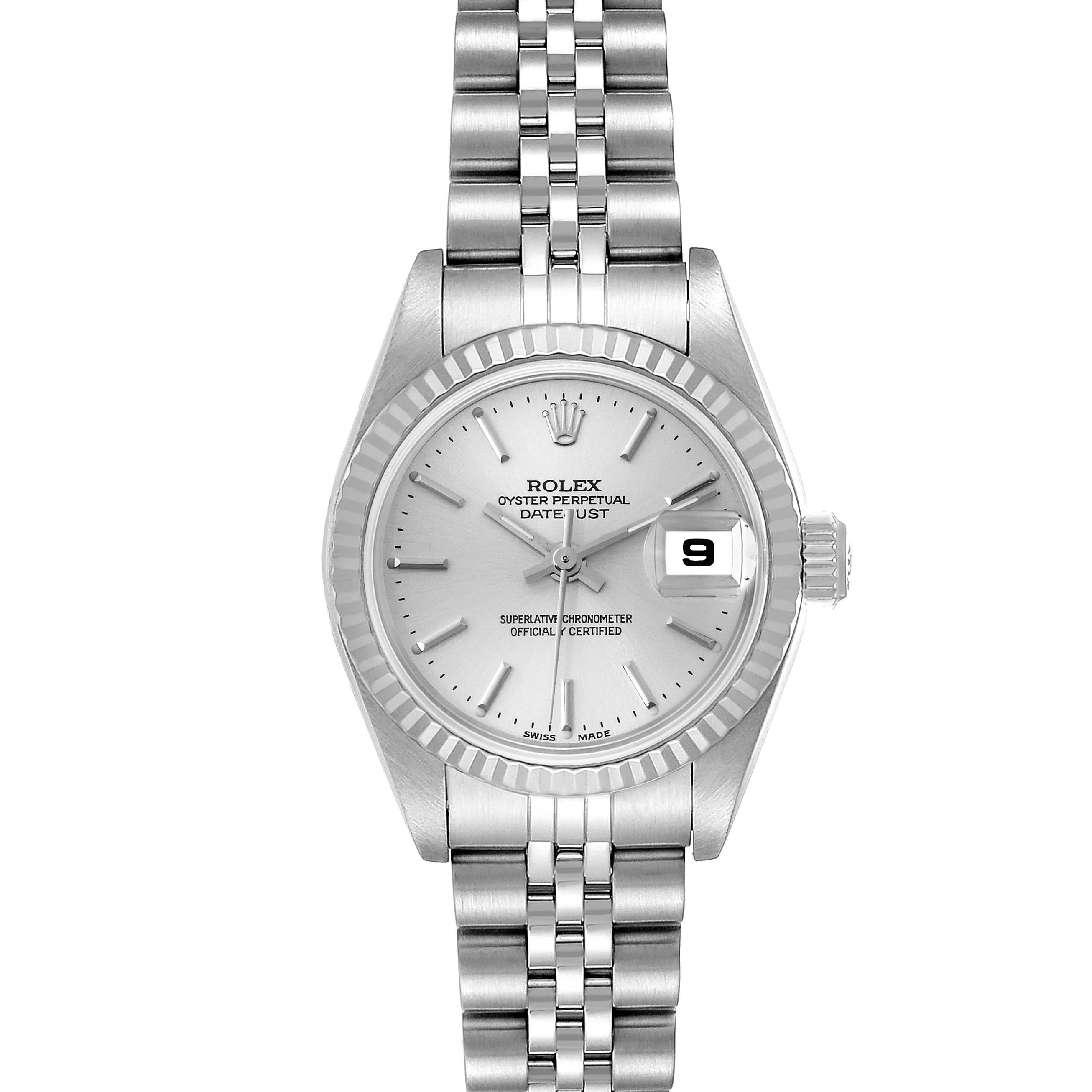 This is a frontal view of the Rolex Datejust 79174 Women's Stainless Steel Silver Dial 79174 Women's Stainless Steel Silver Dial, showcasing the dial, bracelet, and date window.