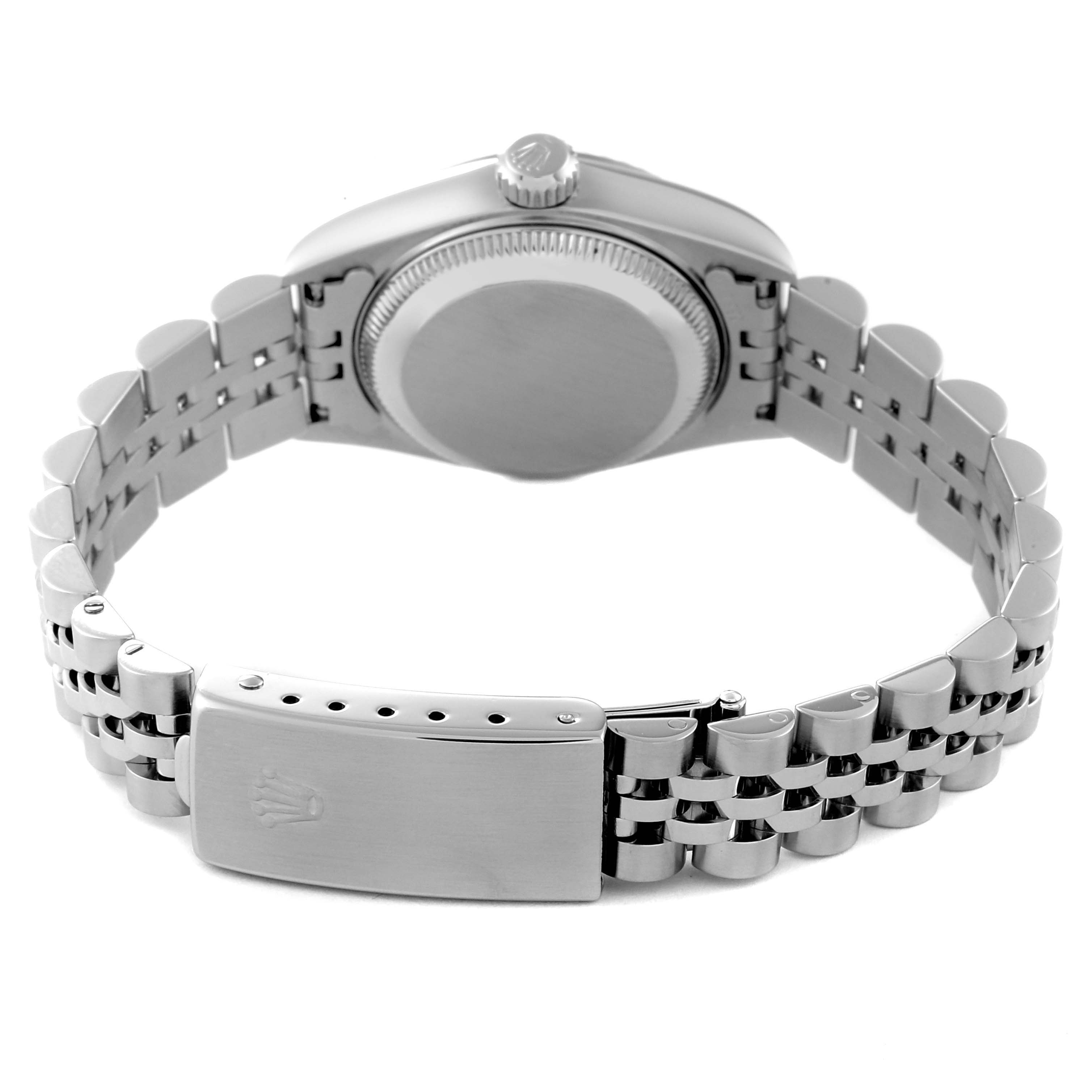 The image shows the back view of a Rolex Datejust 79174 Women's Stainless Steel Silver Dial 79174 Women's Stainless Steel Silver Dial, highlighting the case back, crown, and closed bracelet clasp.