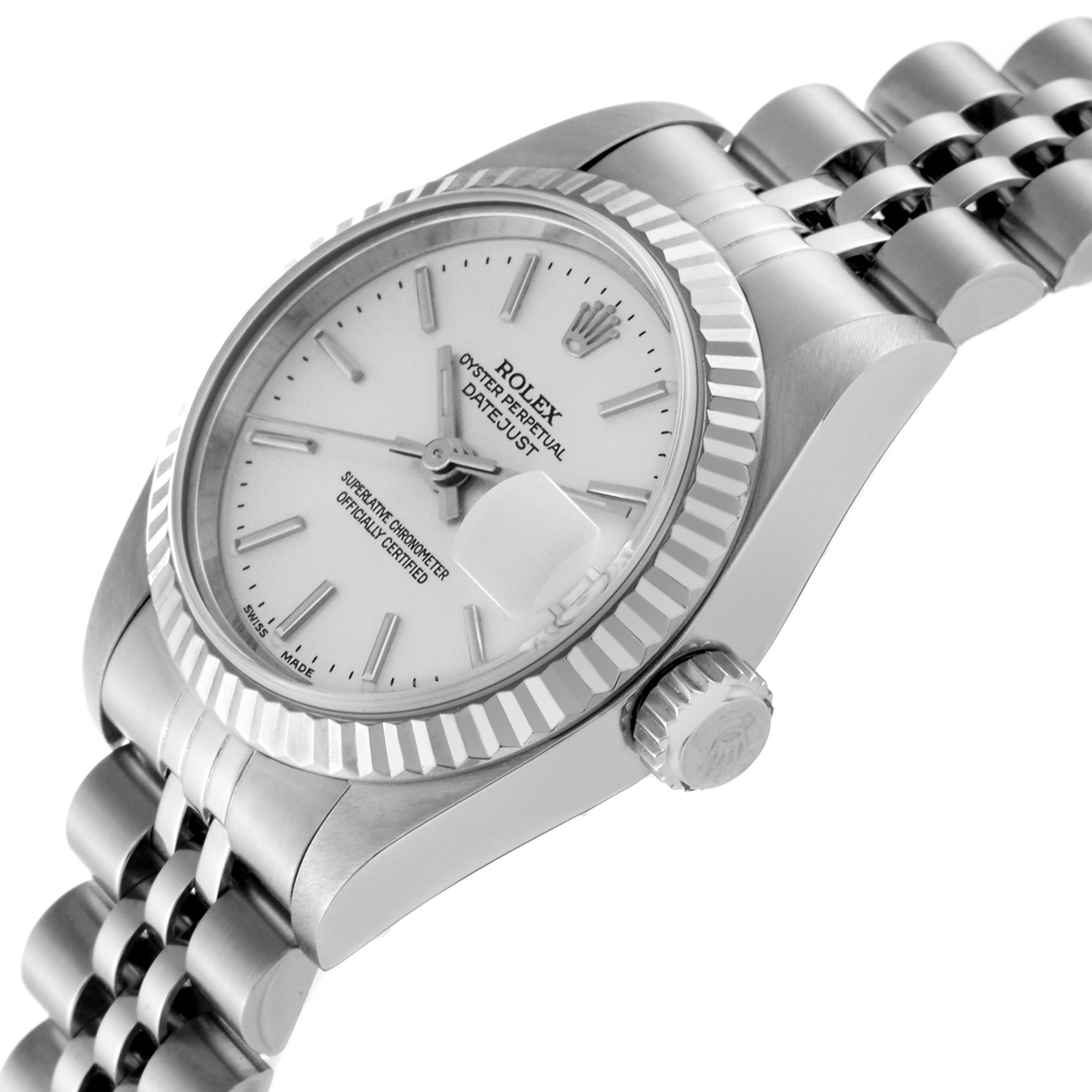 This image shows the Rolex Datejust 79174 Women's Stainless Steel Silver Dial 79174 Women's Stainless Steel Silver Dial watch at an angled view, highlighting the fluted bezel, crown, and part of the bracelet.