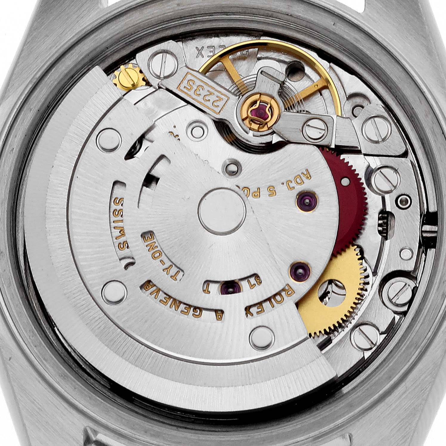 This is an image of the mechanical movement and internal components of a Rolex Datejust 79174 Women's Stainless Steel Silver Dial 79174 Women's Stainless Steel Silver Dial watch viewed from the back.