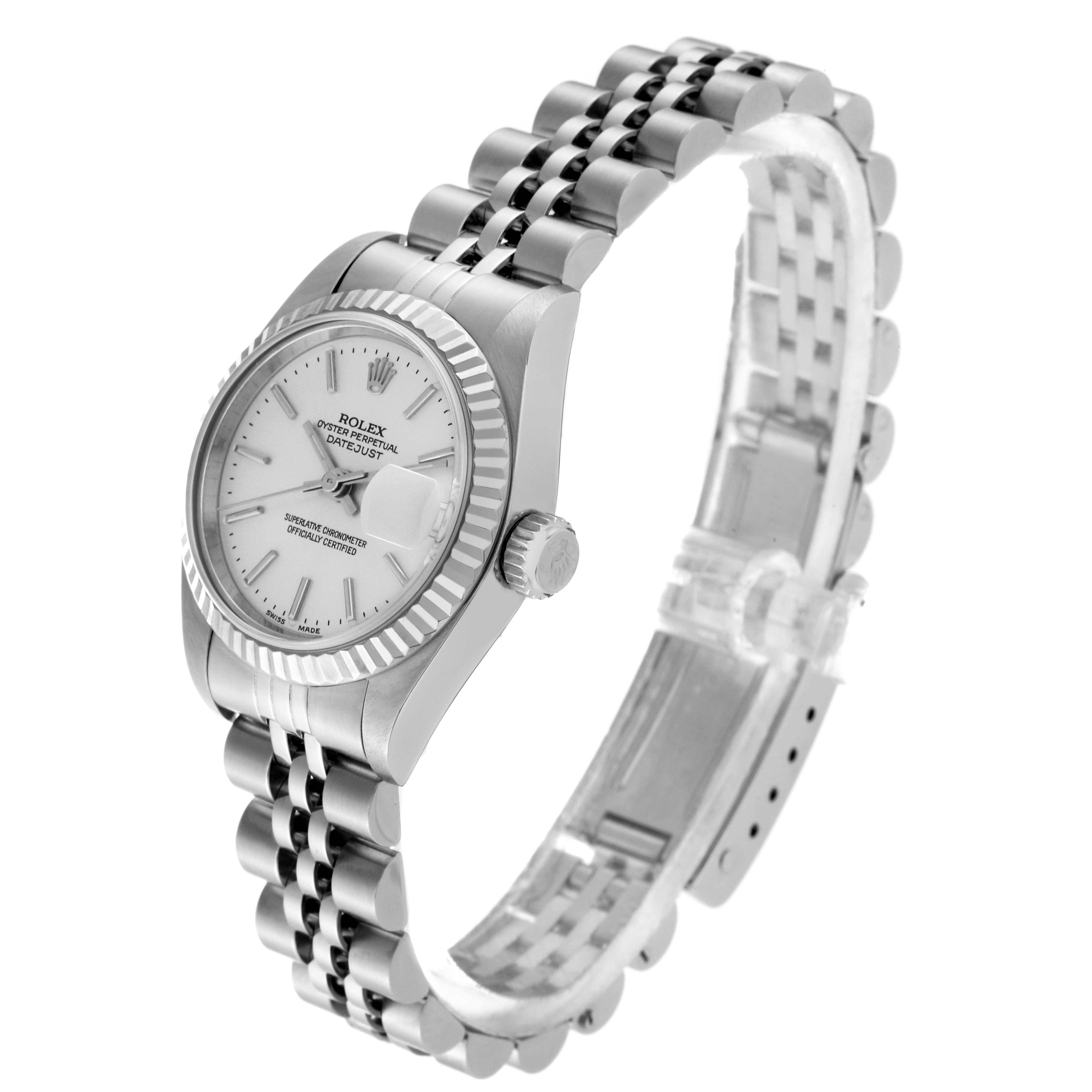 This image shows a side-angle view of a Rolex Datejust 79174 Women's Stainless Steel Silver Dial 79174 Women's Stainless Steel Silver Dial watch, highlighting its case, bezel, dial, crown, and bracelet.