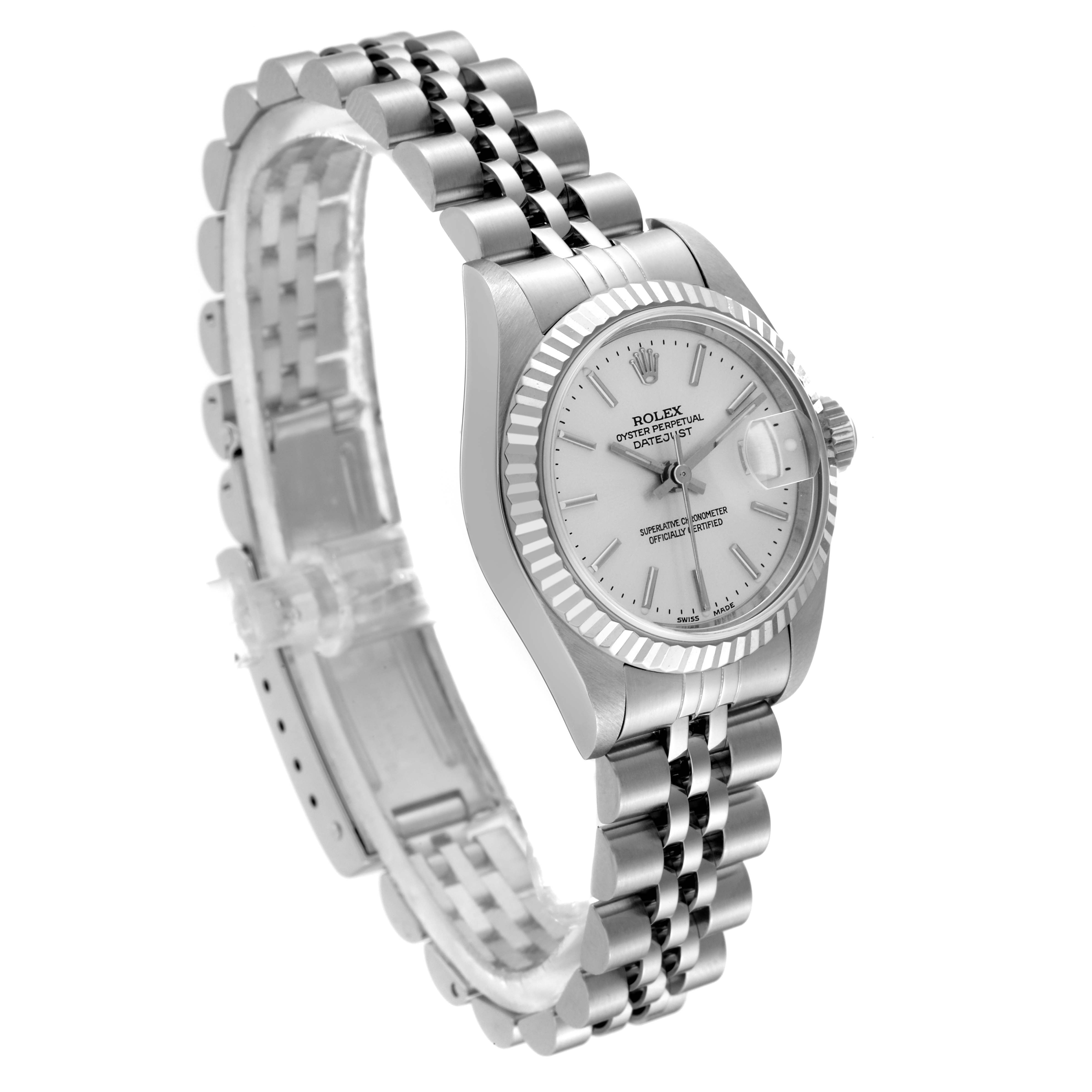This Rolex Datejust 79174 Women's Stainless Steel Silver Dial 79174 Women's Stainless Steel Silver Dial watch is shown at an angle highlighting its case, dial, fluted bezel, crown, and jubilee bracelet.