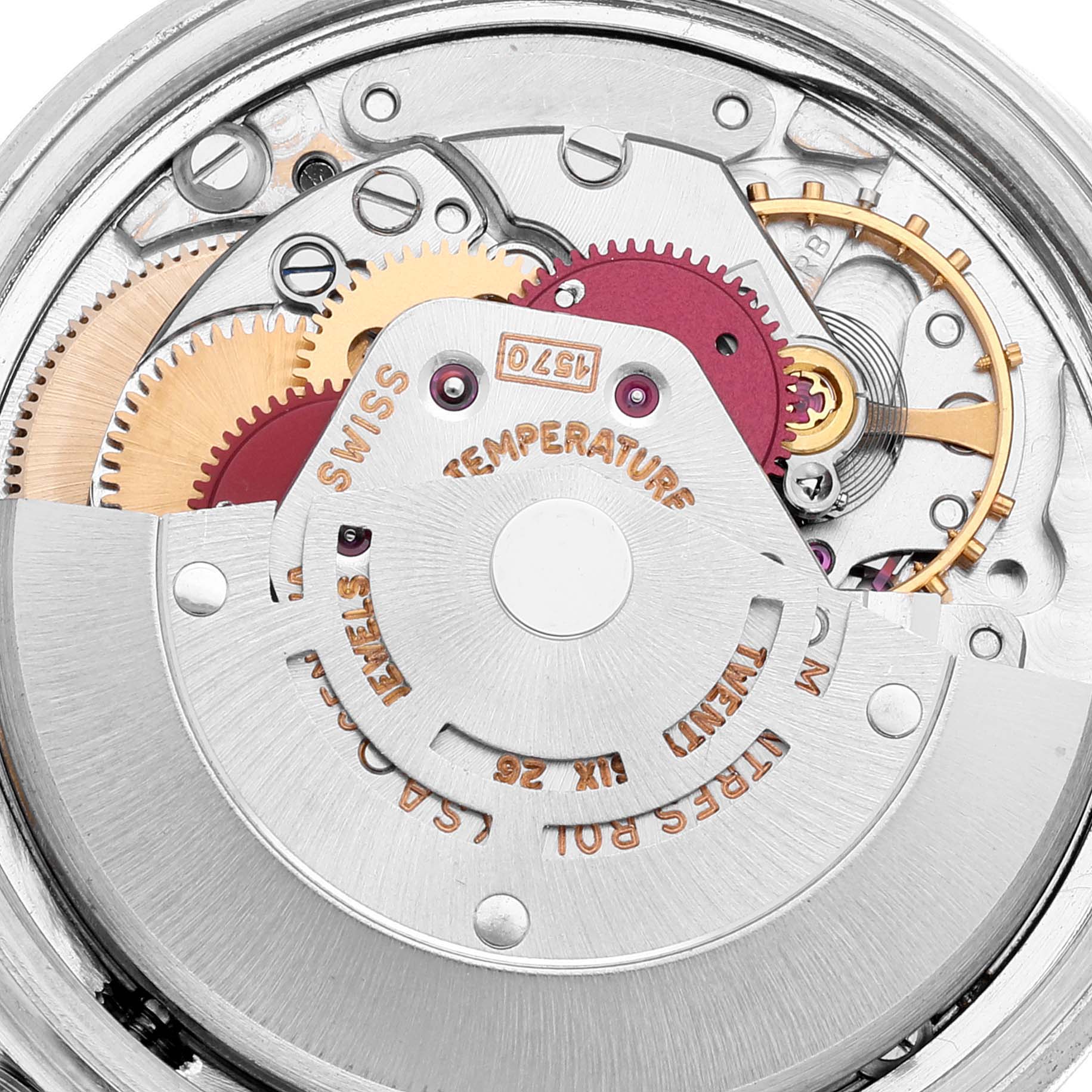 This close-up image shows the intricate internal mechanism of the Rolex Vintage Collection 1601 Men's Stainless Steel Grey Dial 1601 Men's Stainless Steel Grey Dial watch model.
