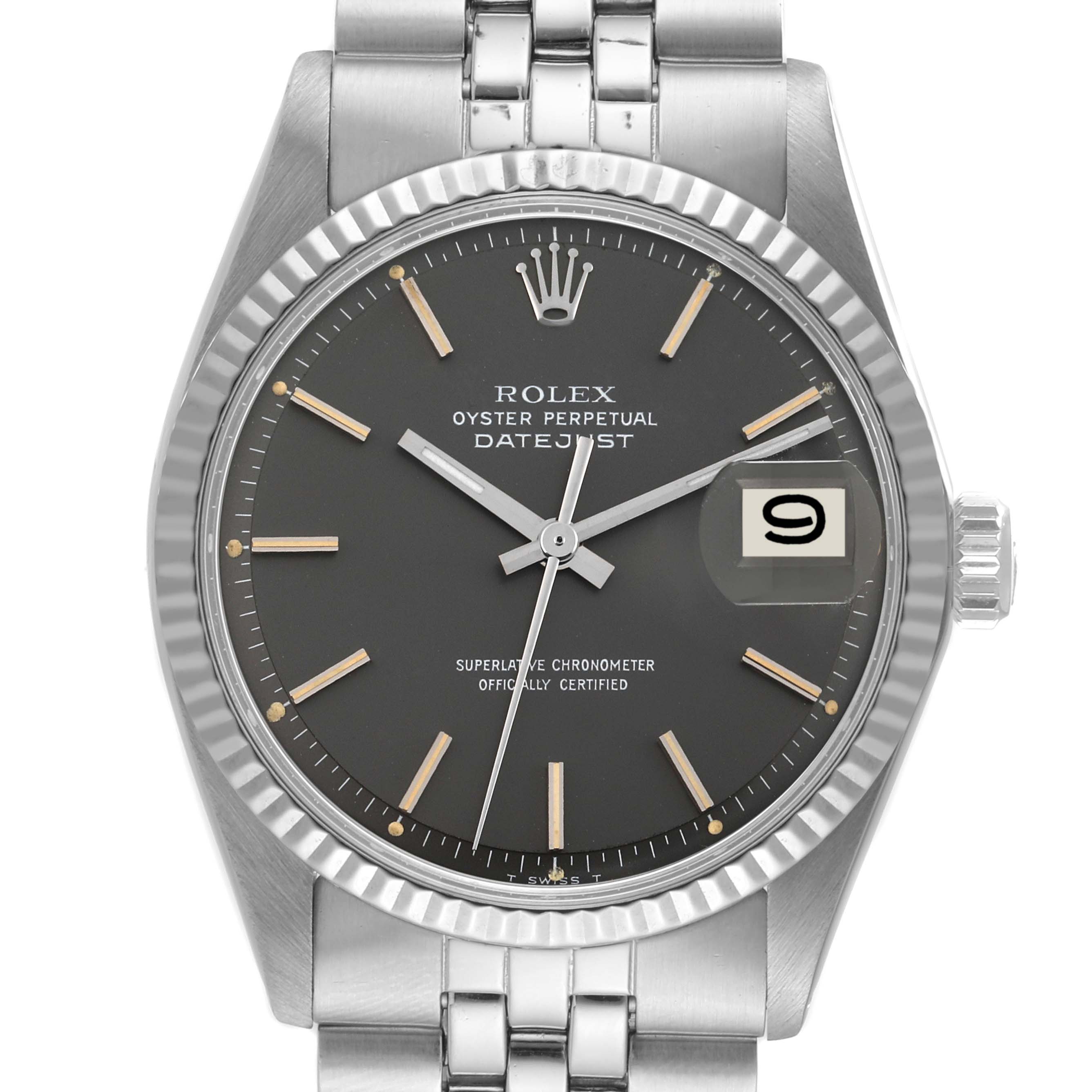 The image shows the front view of a Vintage Collection Rolex Oyster Perpetual Datejust watch, highlighting the dial, hands, date window, and part of the bracelet.