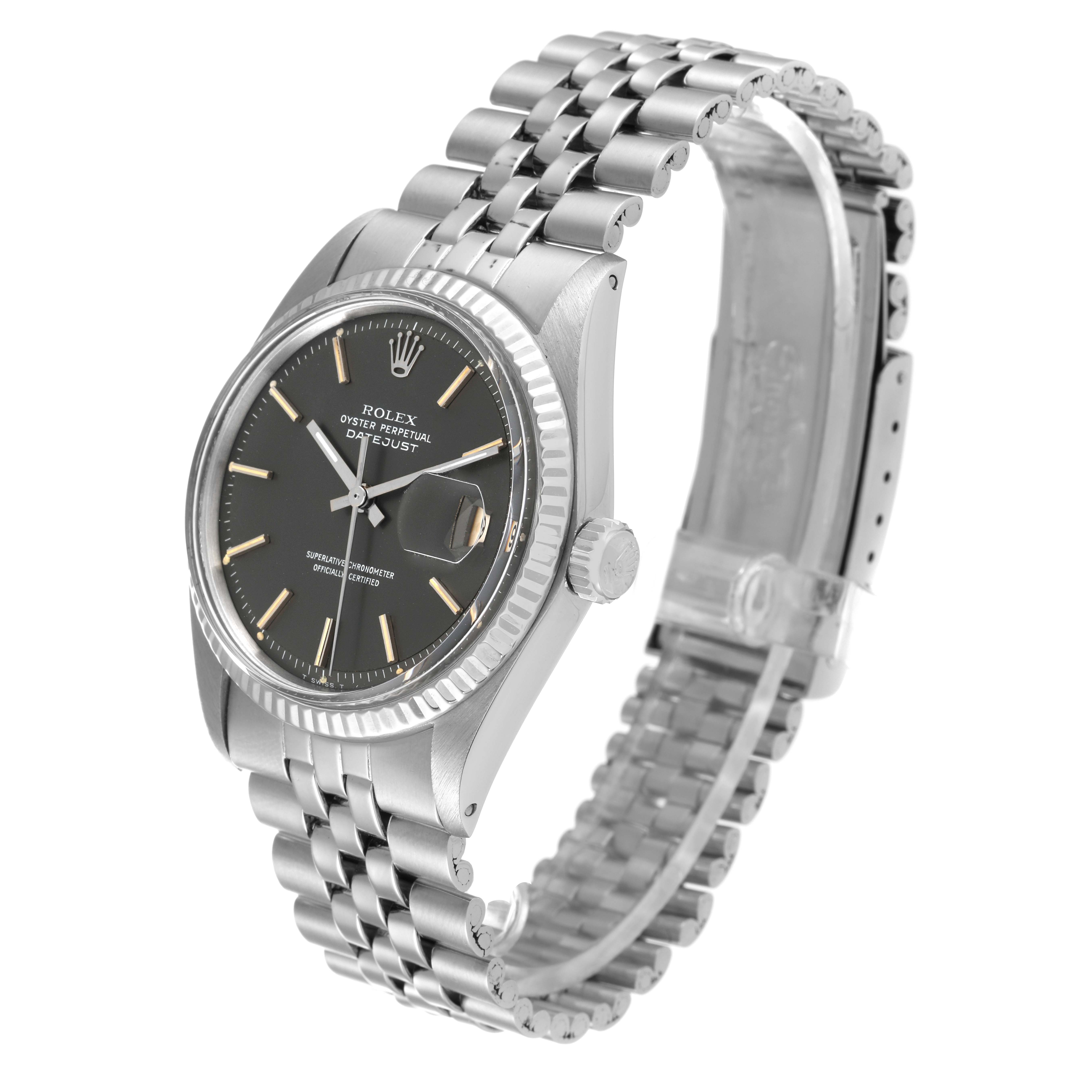 The Rolex Vintage Collection 1601 Men's Stainless Steel Grey Dial 1601 Men's Stainless Steel Grey Dial model is shown at a slight angle, highlighting the dial, crown, case, and bracelet.