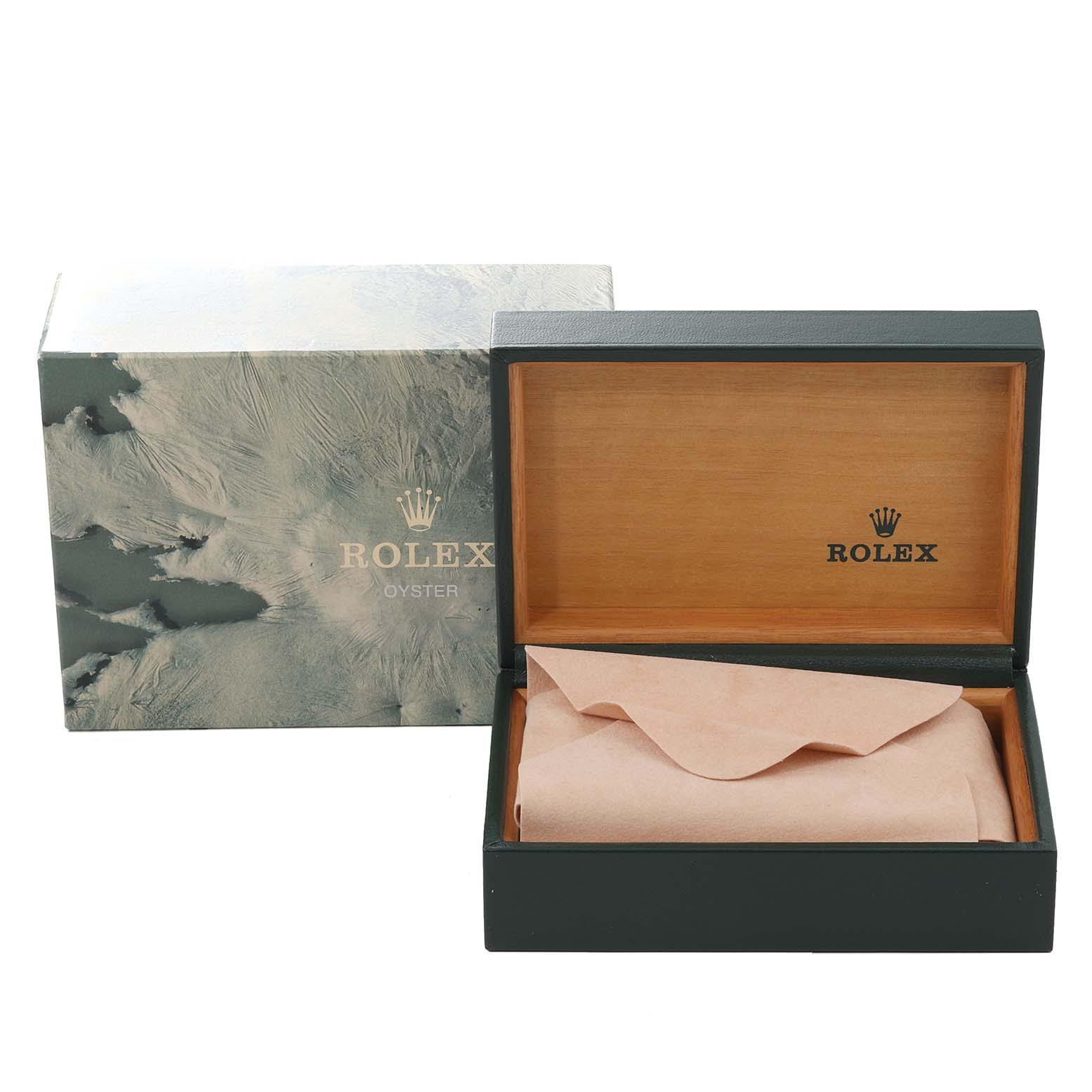 The image shows an open Rolex Vintage Collection 1601 Men's Stainless Steel Grey Dial 1601 Men's Stainless Steel Grey Dial watch box and its outer packaging.