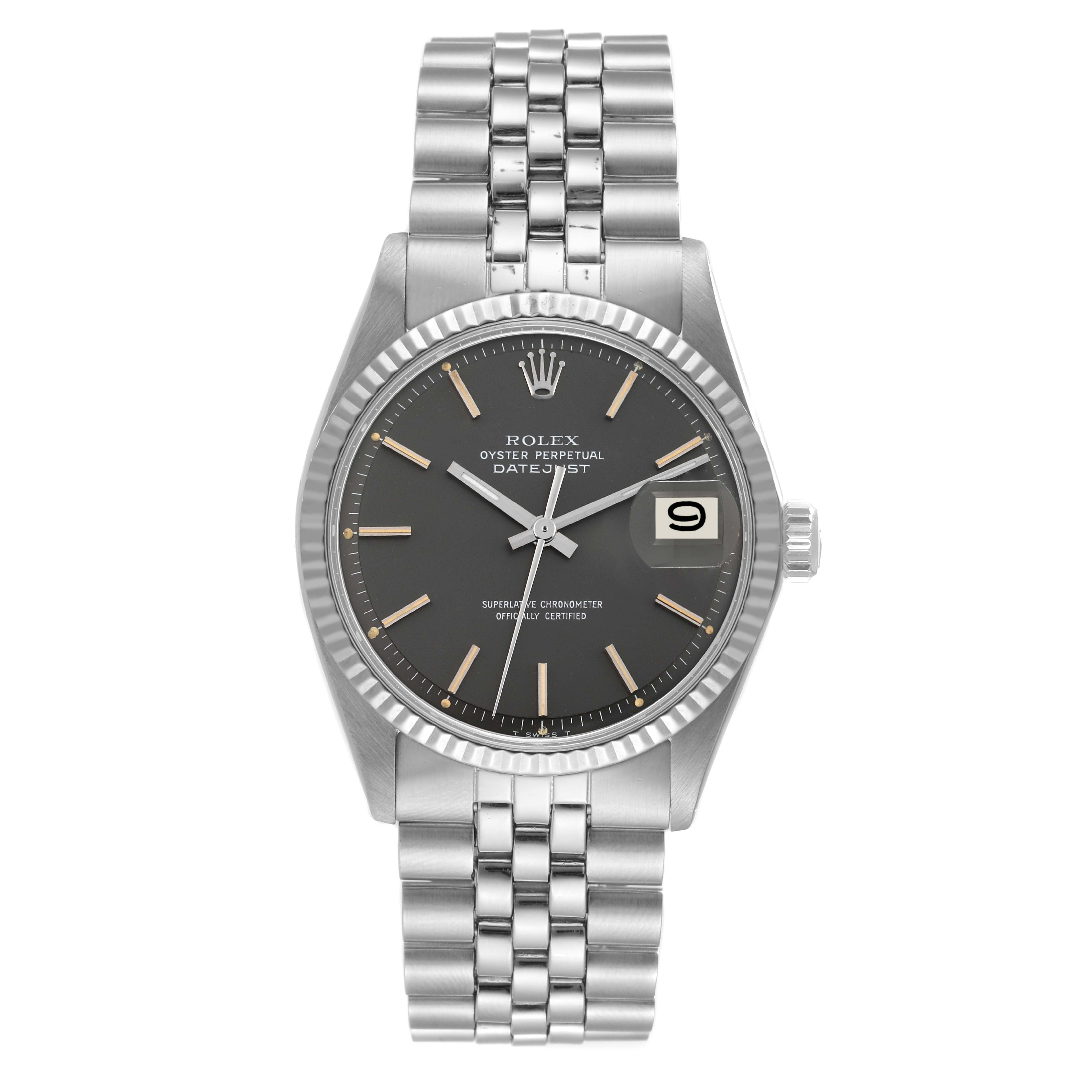 The image shows a front view of the Rolex Vintage Collection 1601 Men's Stainless Steel Grey Dial 1601 Men's Stainless Steel Grey Dial Oyster Perpetual Datejust, highlighting its face and bracelet.