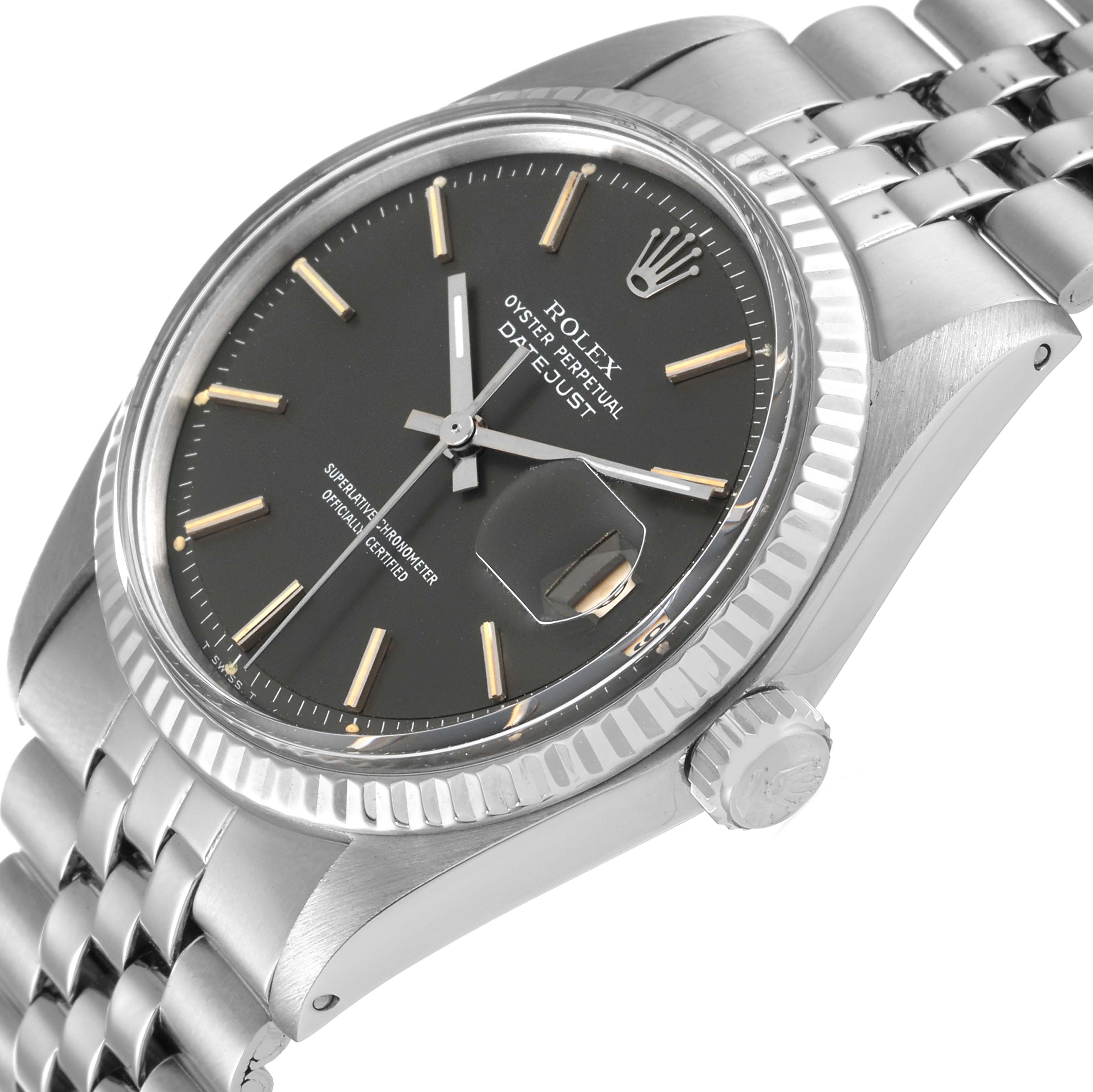 The image shows a Rolex Vintage Collection 1601 Men's Stainless Steel Grey Dial 1601 Men's Stainless Steel Grey Dial Oyster Perpetual Datejust watch at a three-quarter angle, displaying the dial, crown, and bracelet.