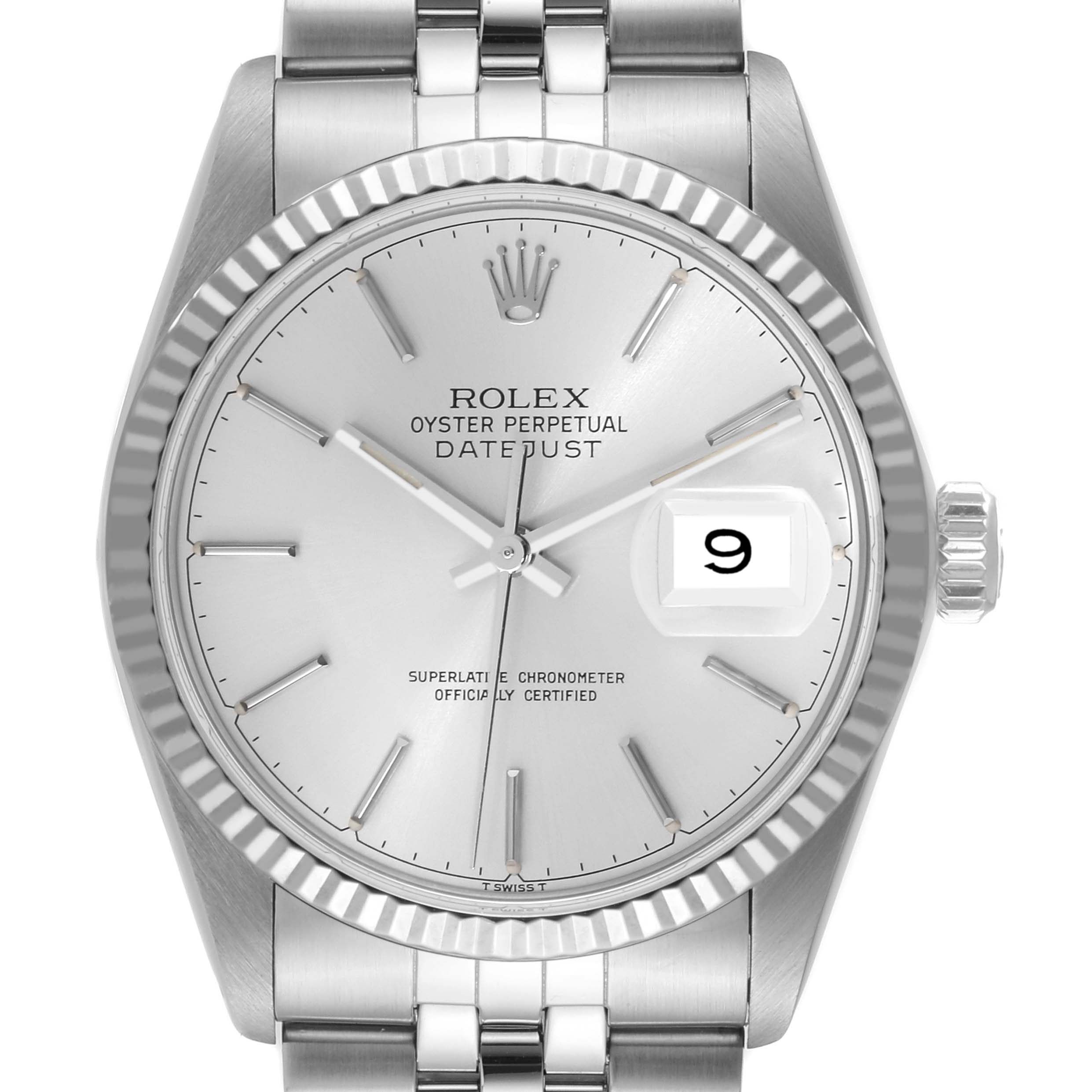 The image shows a close-up front view of the Rolex Vintage Collection 16014 Men's Stainless Steel Silver Dial 16014 Men's Stainless Steel Silver Dial Oyster Perpetual Datejust watch.