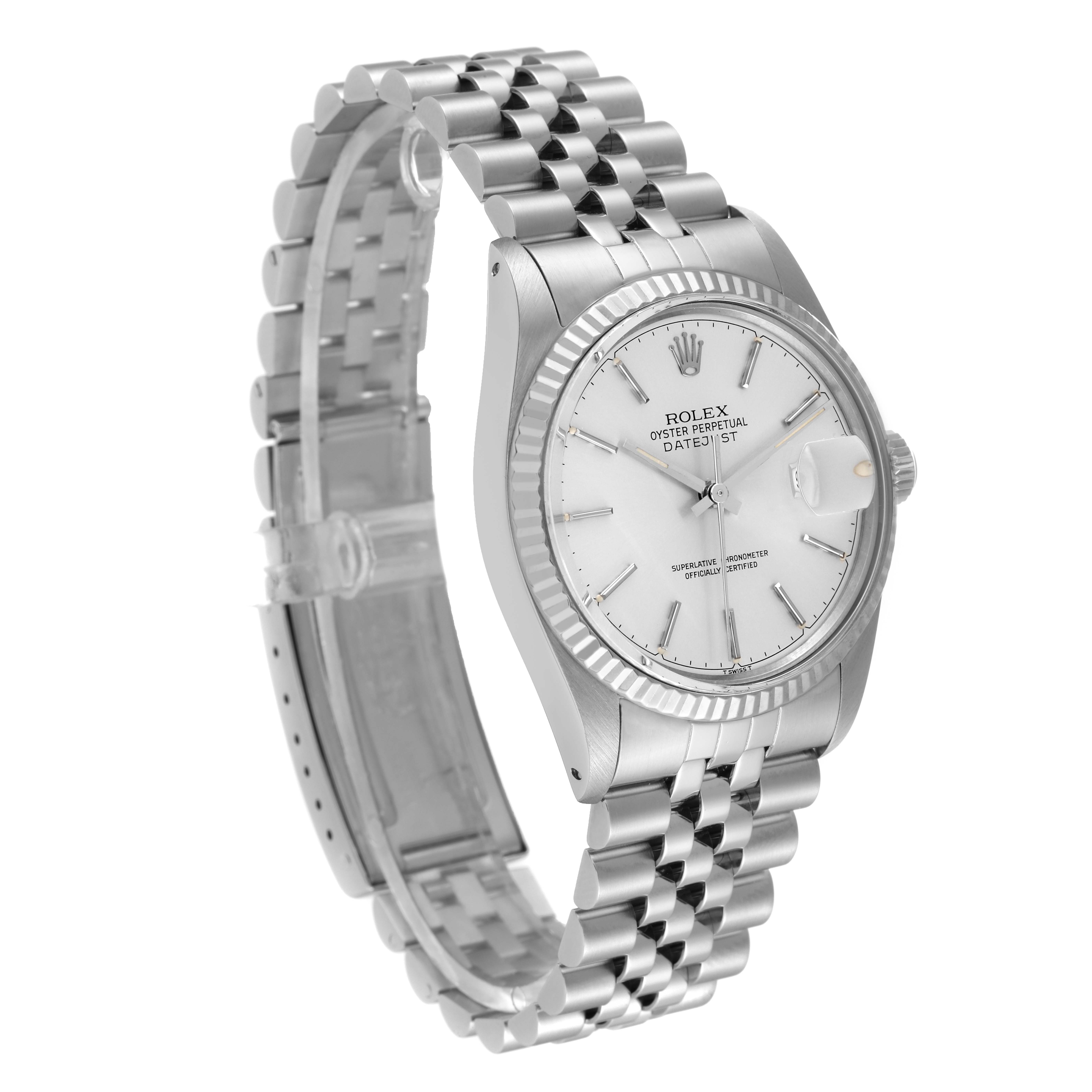 The image shows a Rolex Vintage Collection 16014 Men's Stainless Steel Silver Dial 16014 Men's Stainless Steel Silver Dial watch at a side angle, highlighting the face, bezel, and metal bracelet.