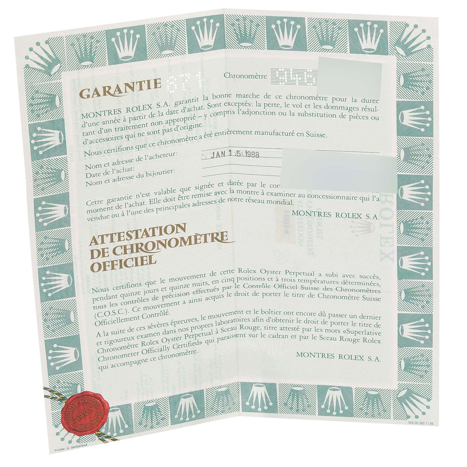 The image shows the warranty and official chronometer certification document for a Rolex Vintage Collection 16014 Men's Stainless Steel Silver Dial 16014 Men's Stainless Steel Silver Dial model.