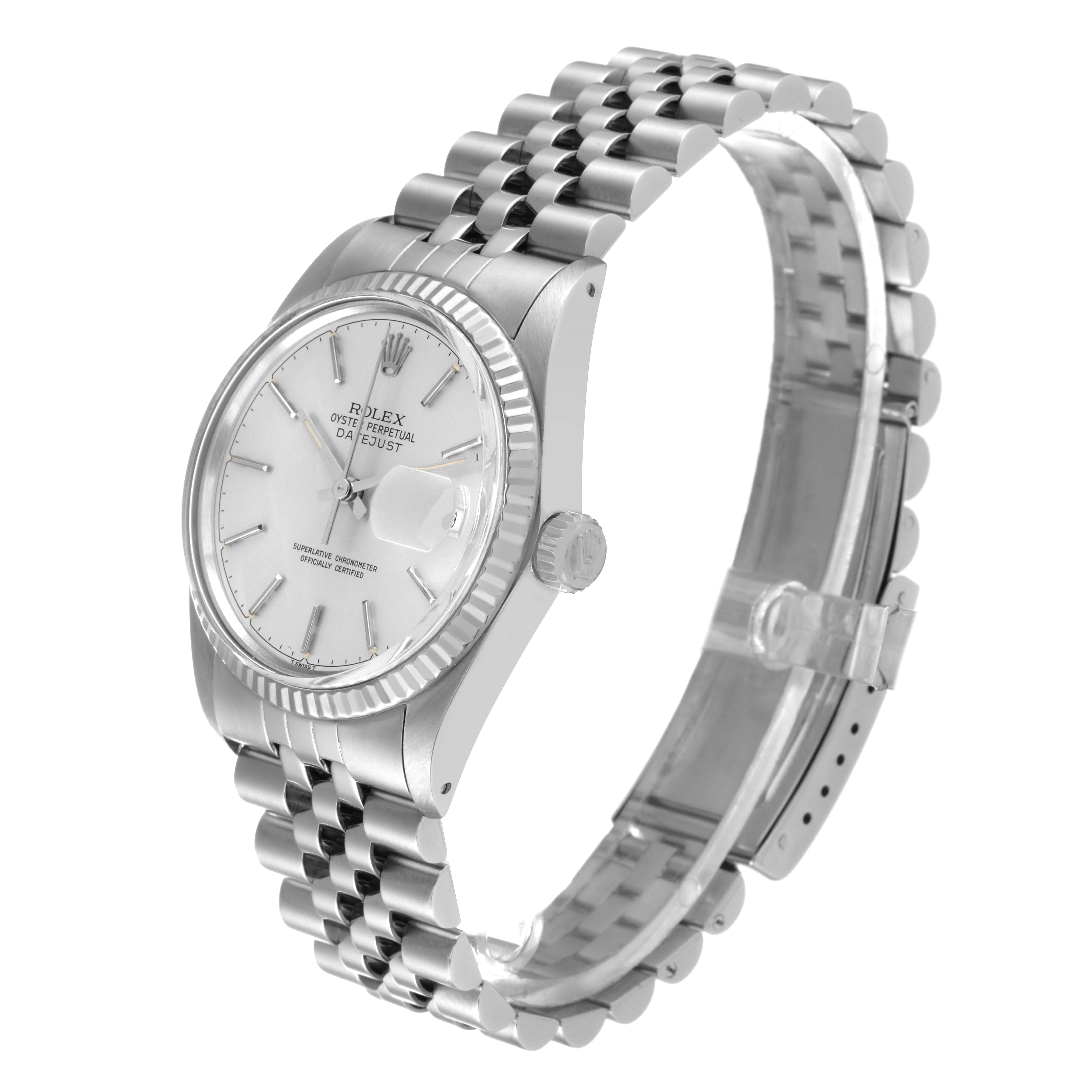 The image showcases a Rolex Vintage Collection 16014 Men's Stainless Steel Silver Dial 16014 Men's Stainless Steel Silver Dial model watch from a front-side angle, highlighting the dial, crown, and metal bracelet.