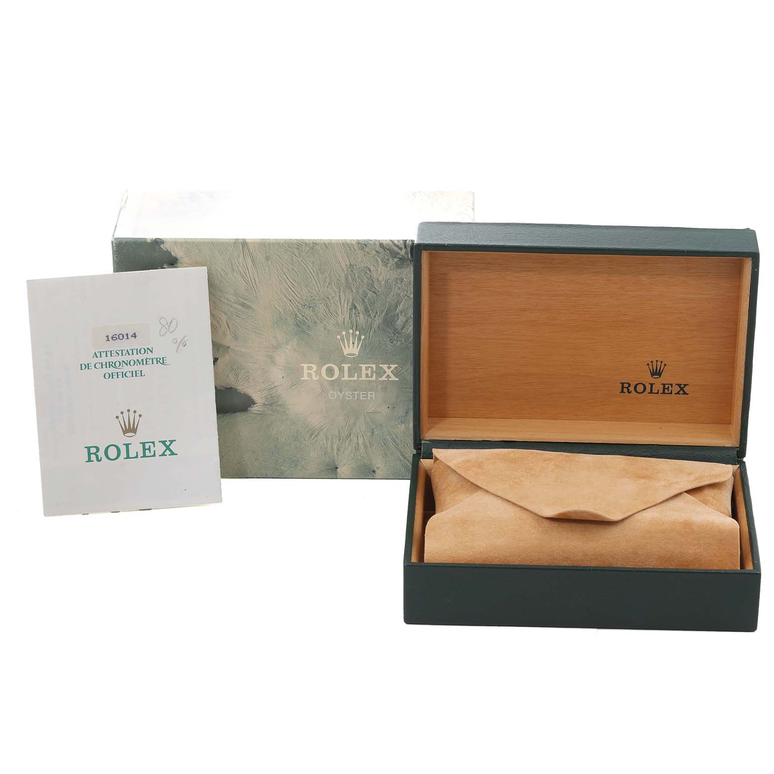 The image shows the box, inner cushion, and certification for the Rolex Vintage Collection 16014 Men's Stainless Steel Silver Dial 16014 Men's Stainless Steel Silver Dial model from a front angle.