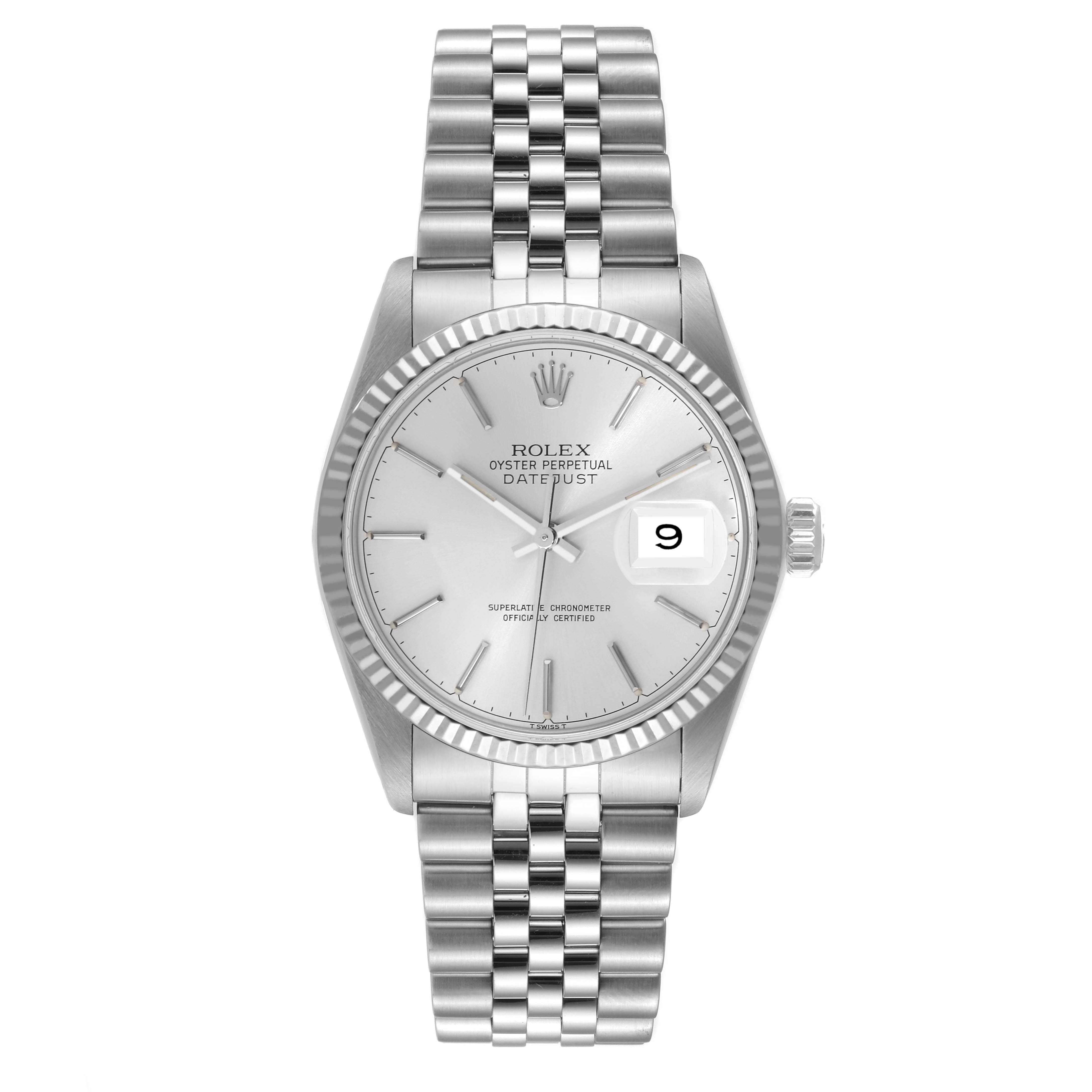 The image shows a frontal view of a Rolex Vintage Collection 16014 Men's Stainless Steel Silver Dial 16014 Men's Stainless Steel Silver Dial Datejust watch featuring its face, dial, and bracelet.