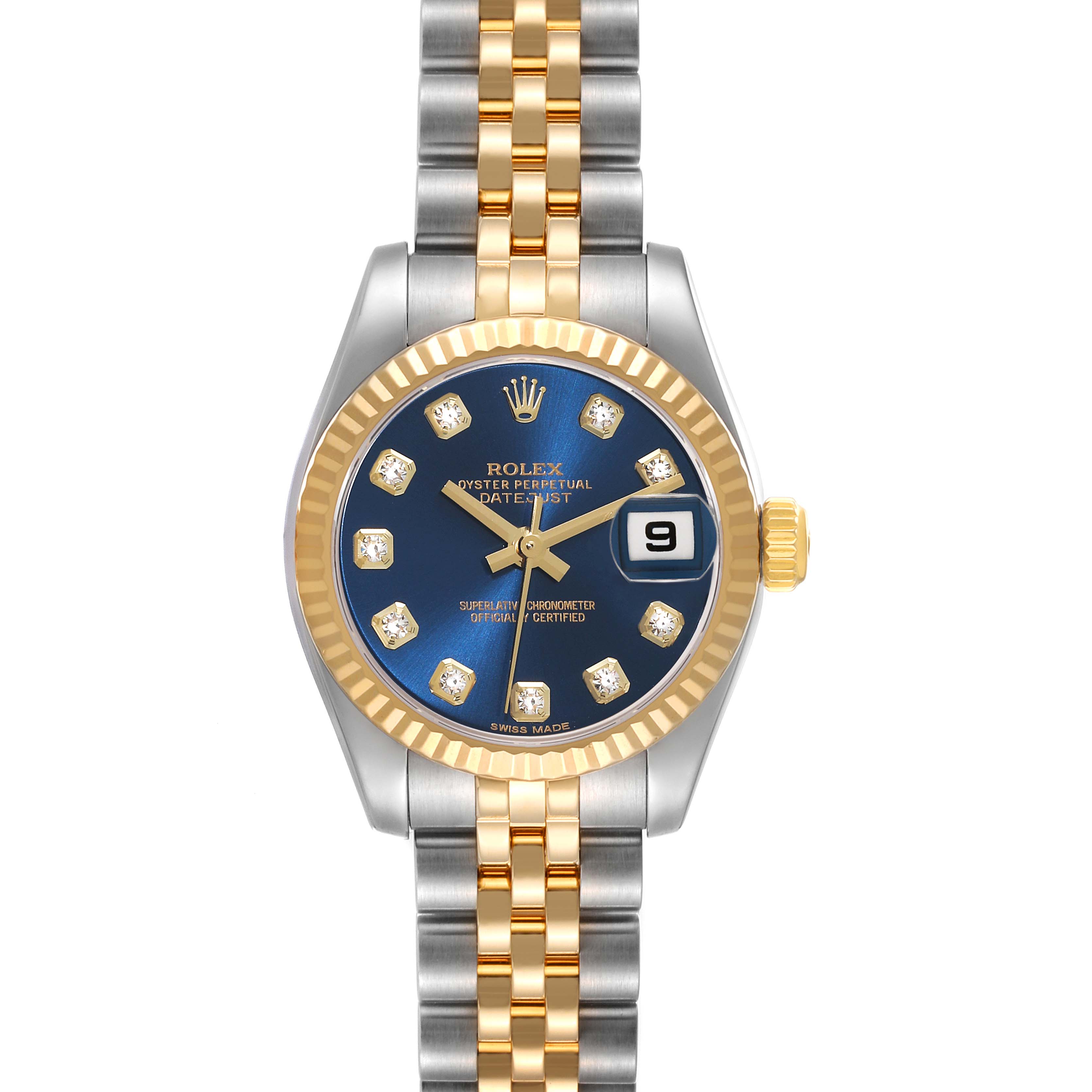 The Rolex Datejust 179173 Women's Steel and Gold (two tone) Blue Dial 179173 Women's Steel and Gold (two tone) Blue Dial watch is shown from the front, displaying its blue dial, date window, and two-tone bracelet.