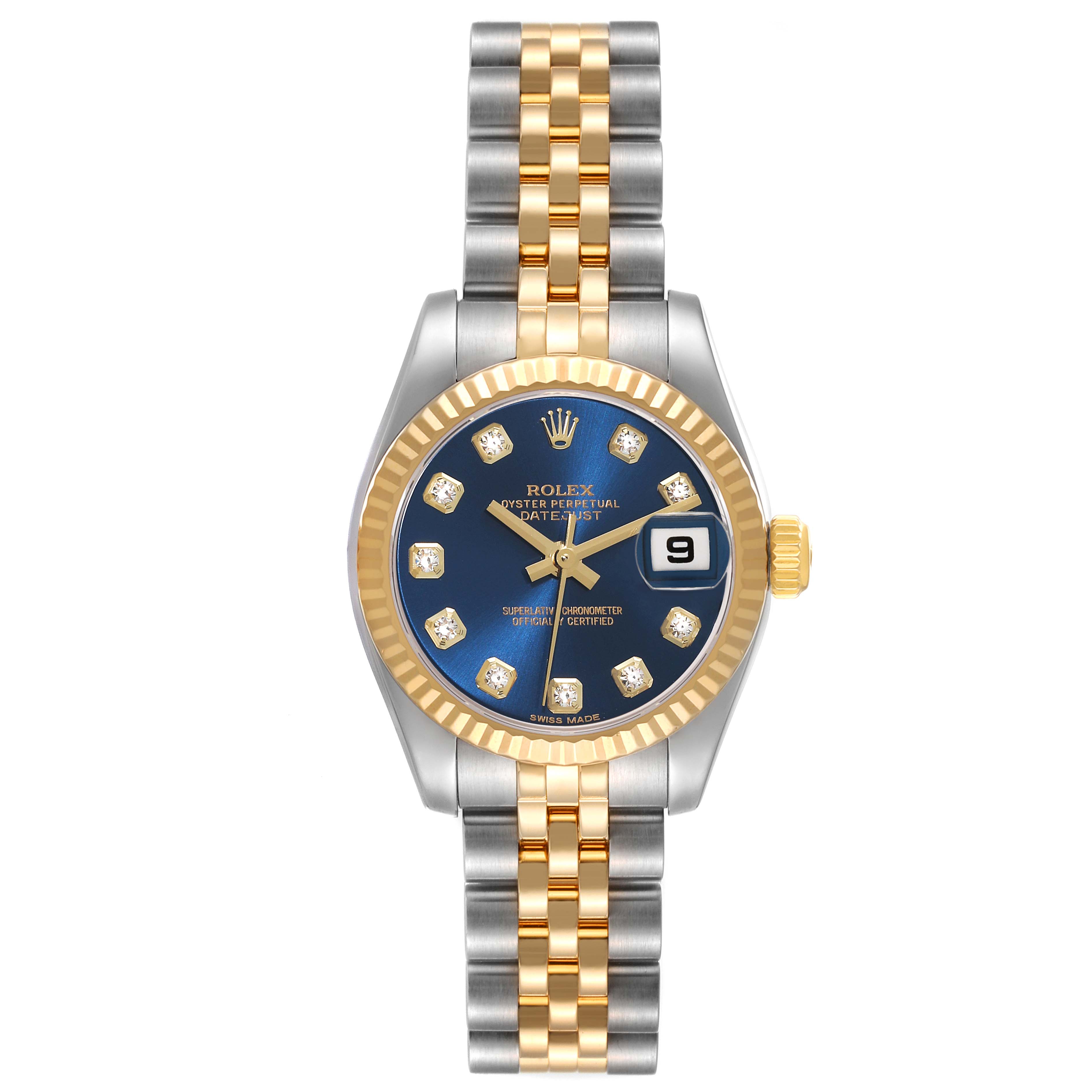 This image shows a front view of a Rolex Datejust 179173 Women's Steel and Gold (two tone) Blue Dial 179173 Women's Steel and Gold (two tone) Blue Dial watch with a gold and silver bracelet and a blue dial featuring diamond hour markers.