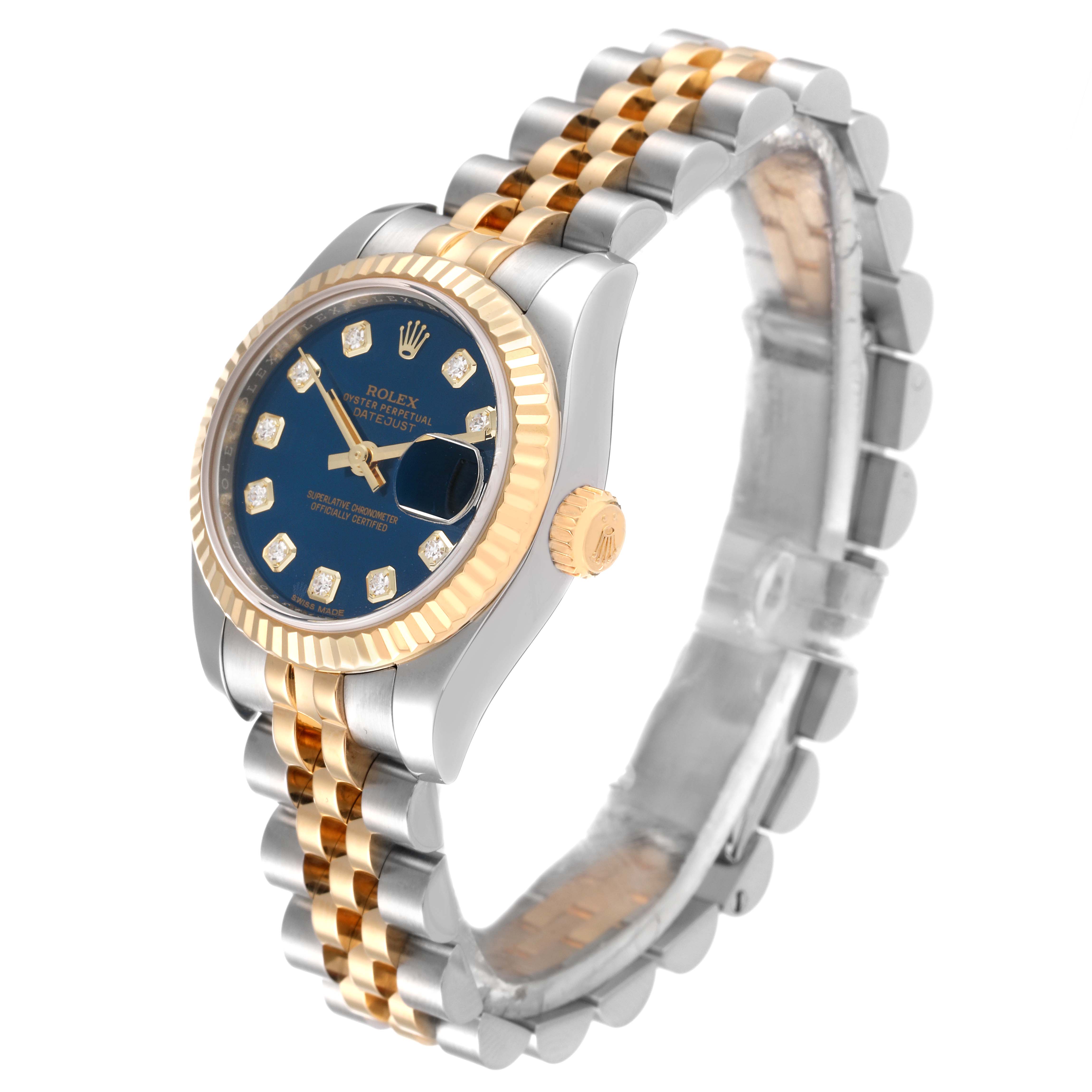 The image shows a side angle of a Rolex Datejust 179173 Women's Steel and Gold (two tone) Blue Dial 179173 Women's Steel and Gold (two tone) Blue Dial watch displaying its dial, crown, and bracelet.