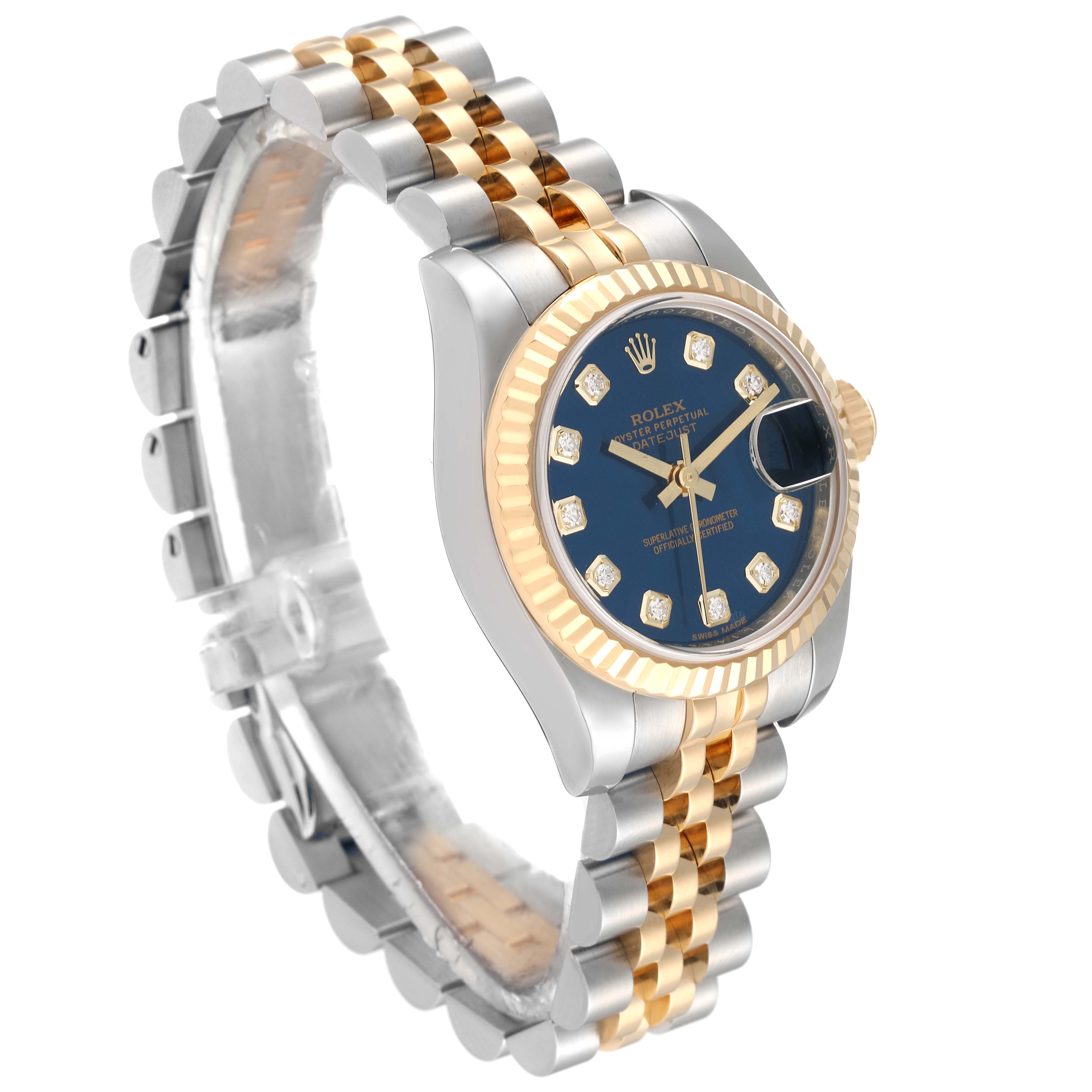 The Rolex Datejust 179173 Women's Steel and Gold (two tone) Blue Dial 179173 Women's Steel and Gold (two tone) Blue Dial watch is shown at a three-quarter angle, highlighting its blue dial, fluted bezel, and two-tone Jubilee bracelet.