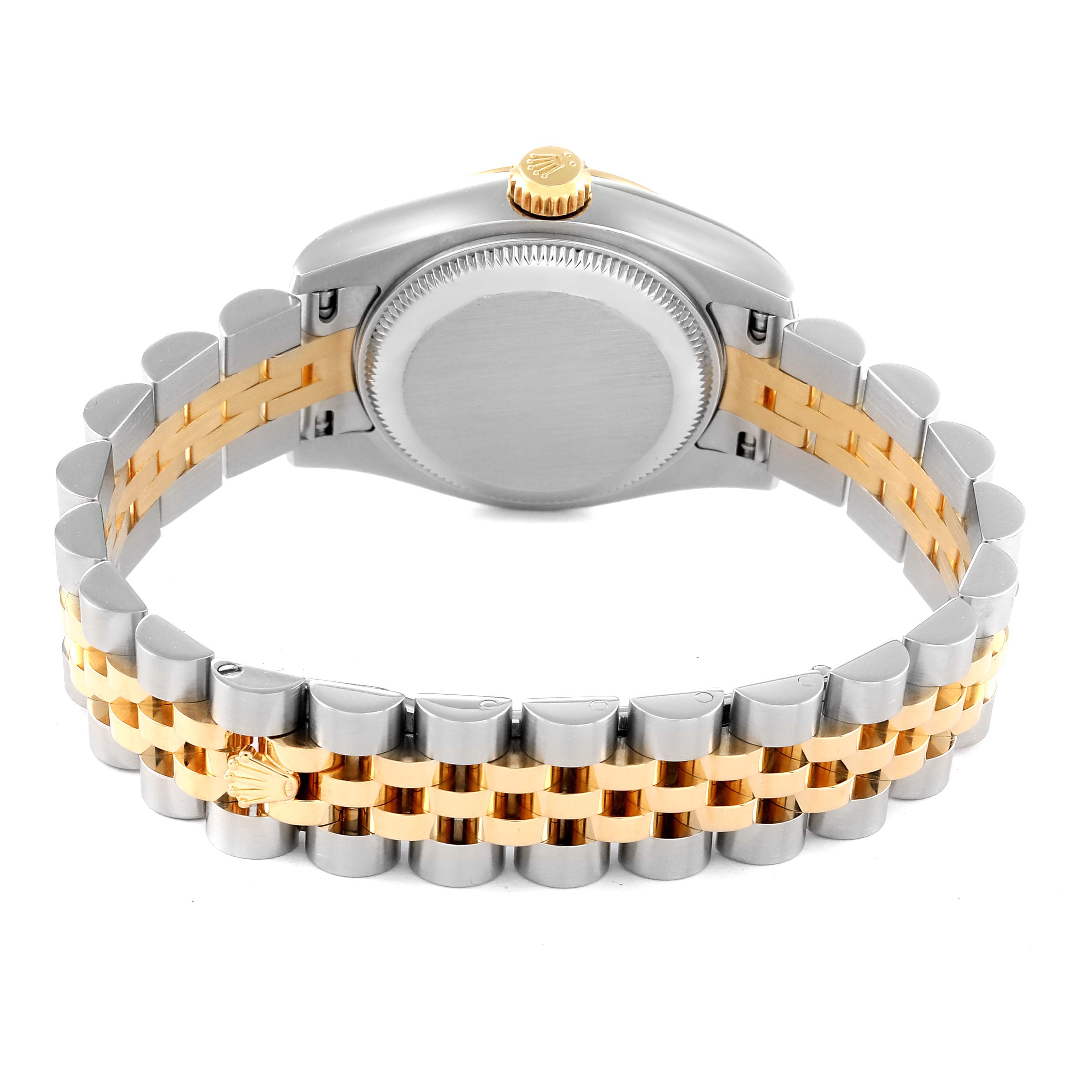 The image shows the back view of a Rolex Datejust 179173 Women's Steel and Gold (two tone) Blue Dial 179173 Women's Steel and Gold (two tone) Blue Dial watch, highlighting its case back and metal bracelet with a combination of stainless steel and gold.