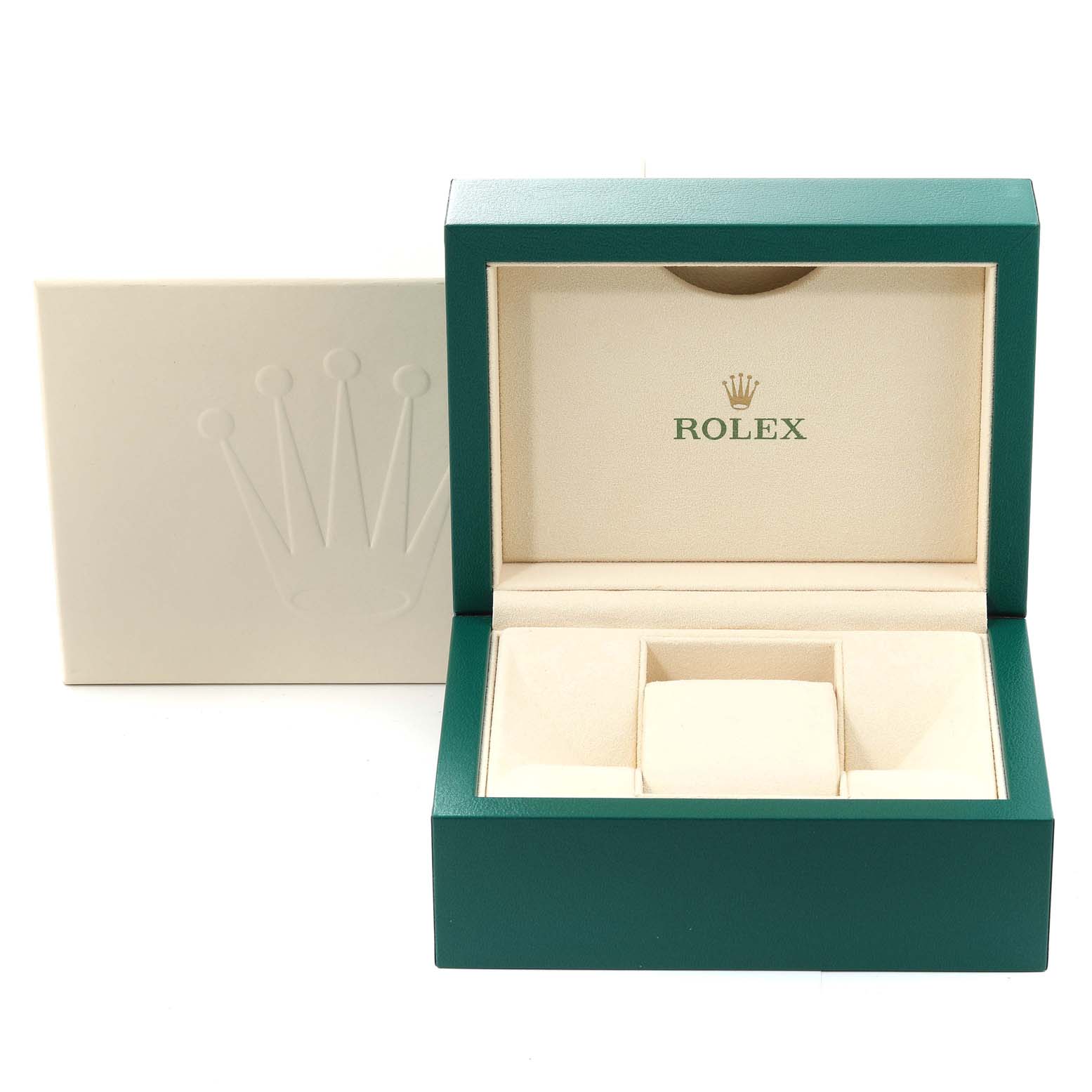 This image shows an open Rolex Datejust 179173 Women's Steel and Gold (two tone) Blue Dial 179173 Women's Steel and Gold (two tone) Blue Dial watch box with the inner compartments and outer case separated.