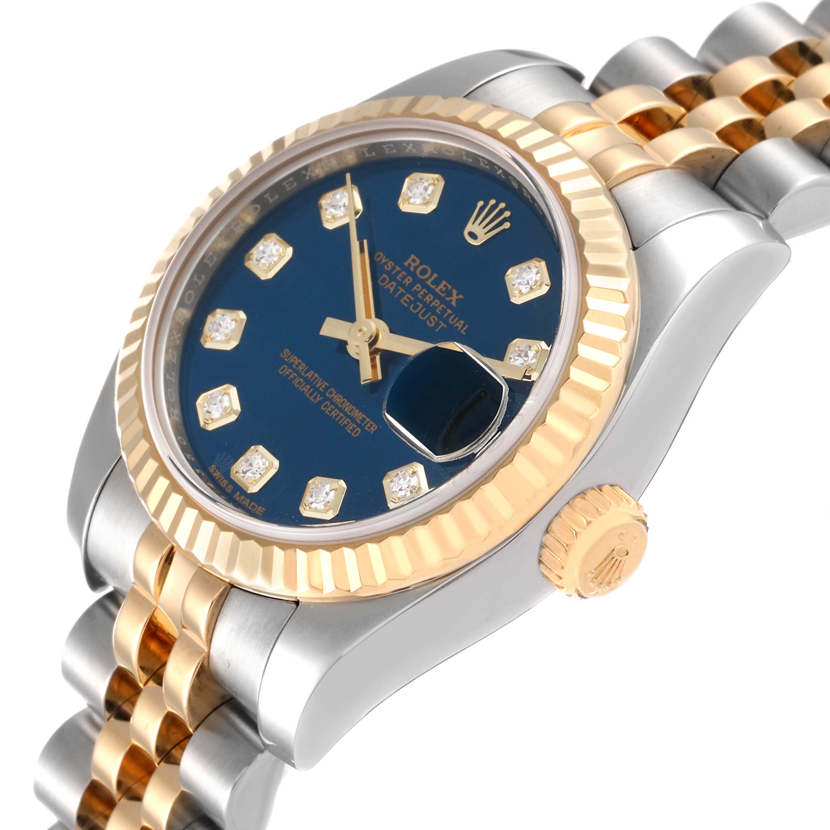 The image shows a Rolex Datejust 179173 Women's Steel and Gold (two tone) Blue Dial 179173 Women's Steel and Gold (two tone) Blue Dial watch at a slightly tilted angle, highlighting the crown, bezel, dial, and bracelet.