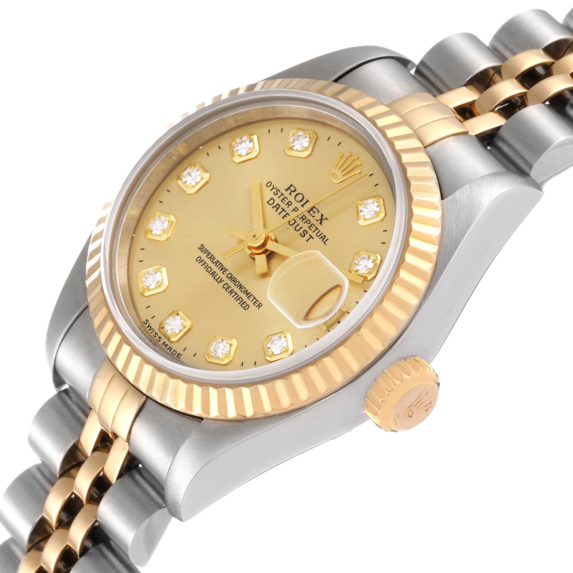 This image shows a close-up view of a Rolex Datejust 69173 Women's Steel and Gold (two tone) Champagne Dial 69173 Women's Steel and Gold (two tone) Champagne Dial watch, highlighting its dial, bezel, crown, and part of the bracelet.