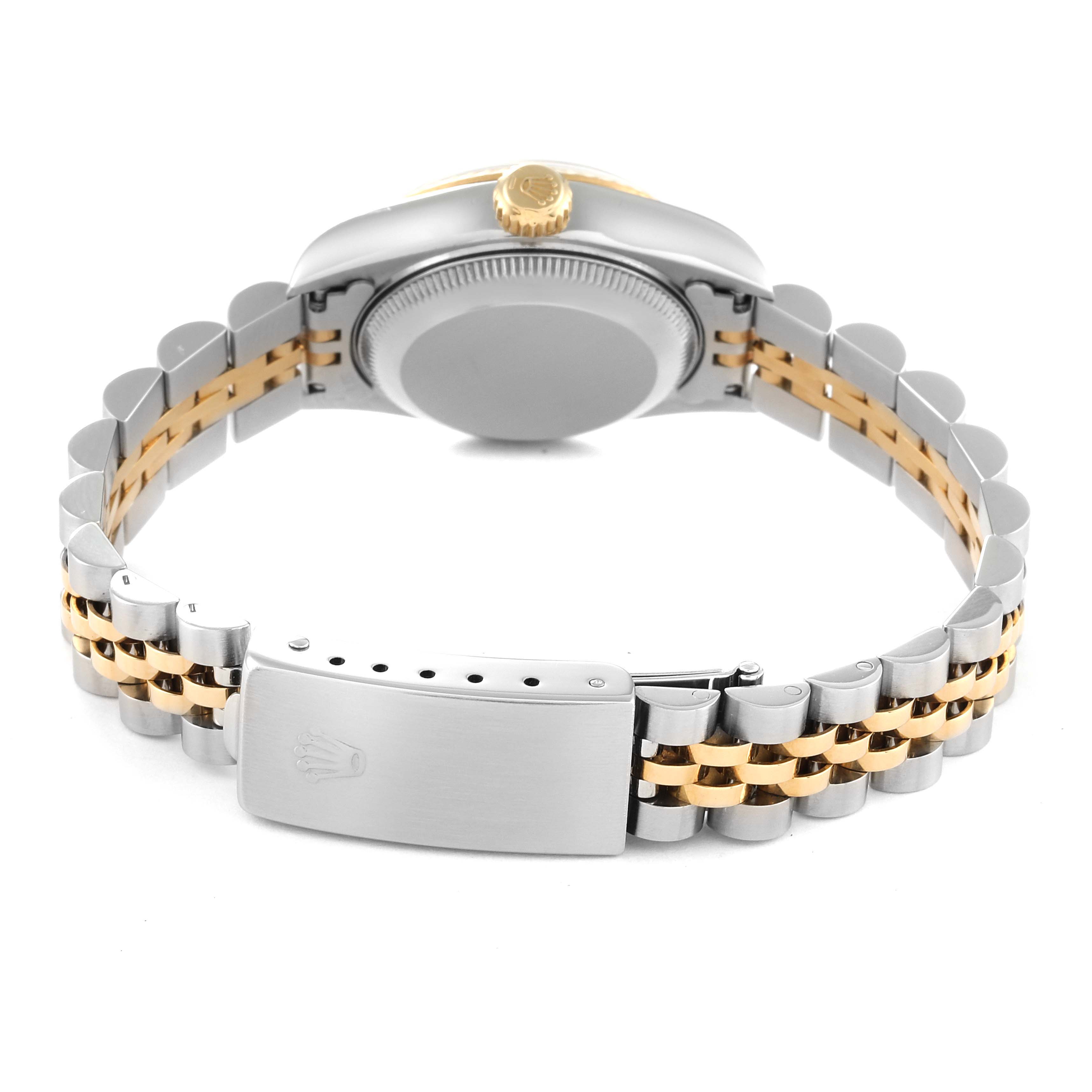 The image shows the back view of a Rolex Datejust 69173 Women's Steel and Gold (two tone) Champagne Dial 69173 Women's Steel and Gold (two tone) Champagne Dial watch, highlighting the jubilee bracelet, clasp, and case back.