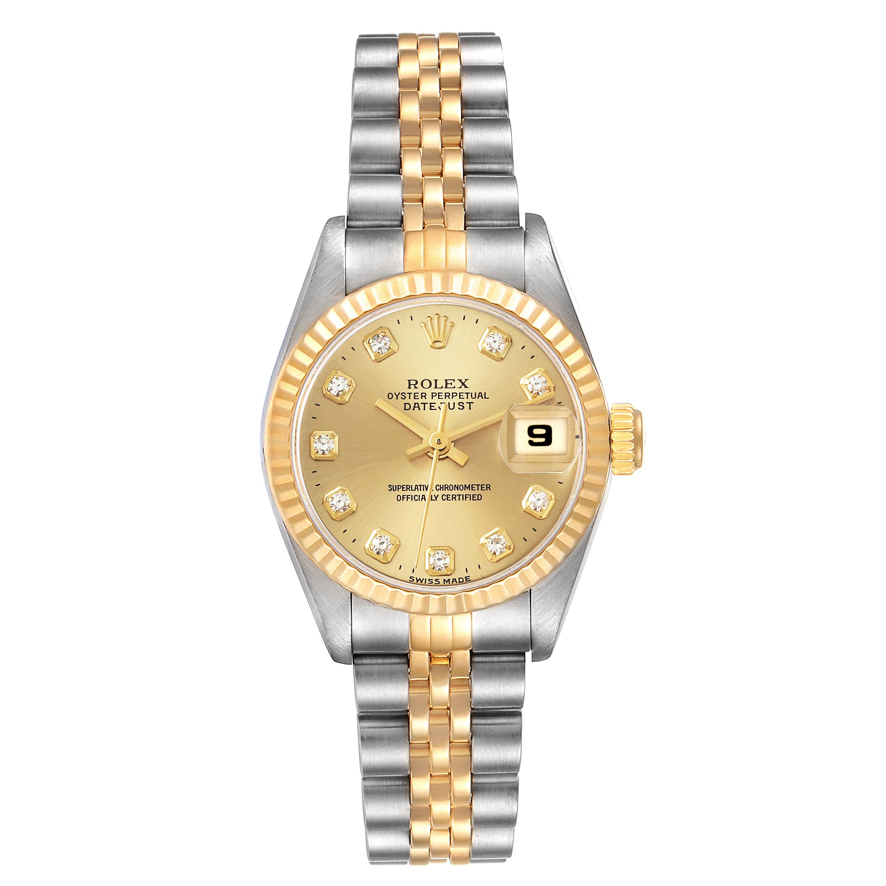 The Rolex Datejust 69173 Women's Steel and Gold (two tone) Champagne Dial 69173 Women's Steel and Gold (two tone) Champagne Dial watch is shown from a top-down angle, highlighting the face, bezel, and bracelet.