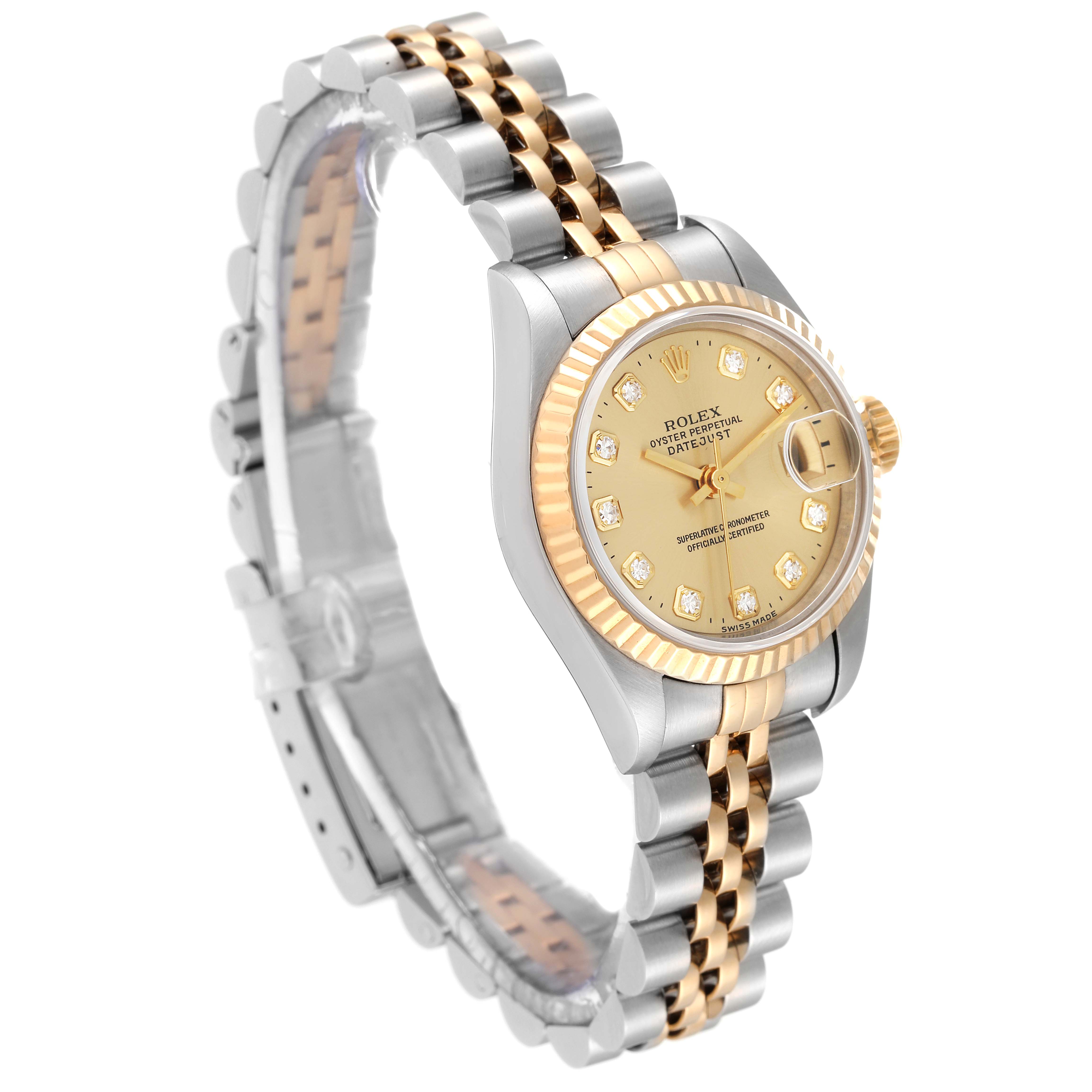 The image shows a Rolex Datejust 69173 Women's Steel and Gold (two tone) Champagne Dial 69173 Women's Steel and Gold (two tone) Champagne Dial watch at a three-quarter angle, highlighting its bracelet, case, bezel, dial, and date window.