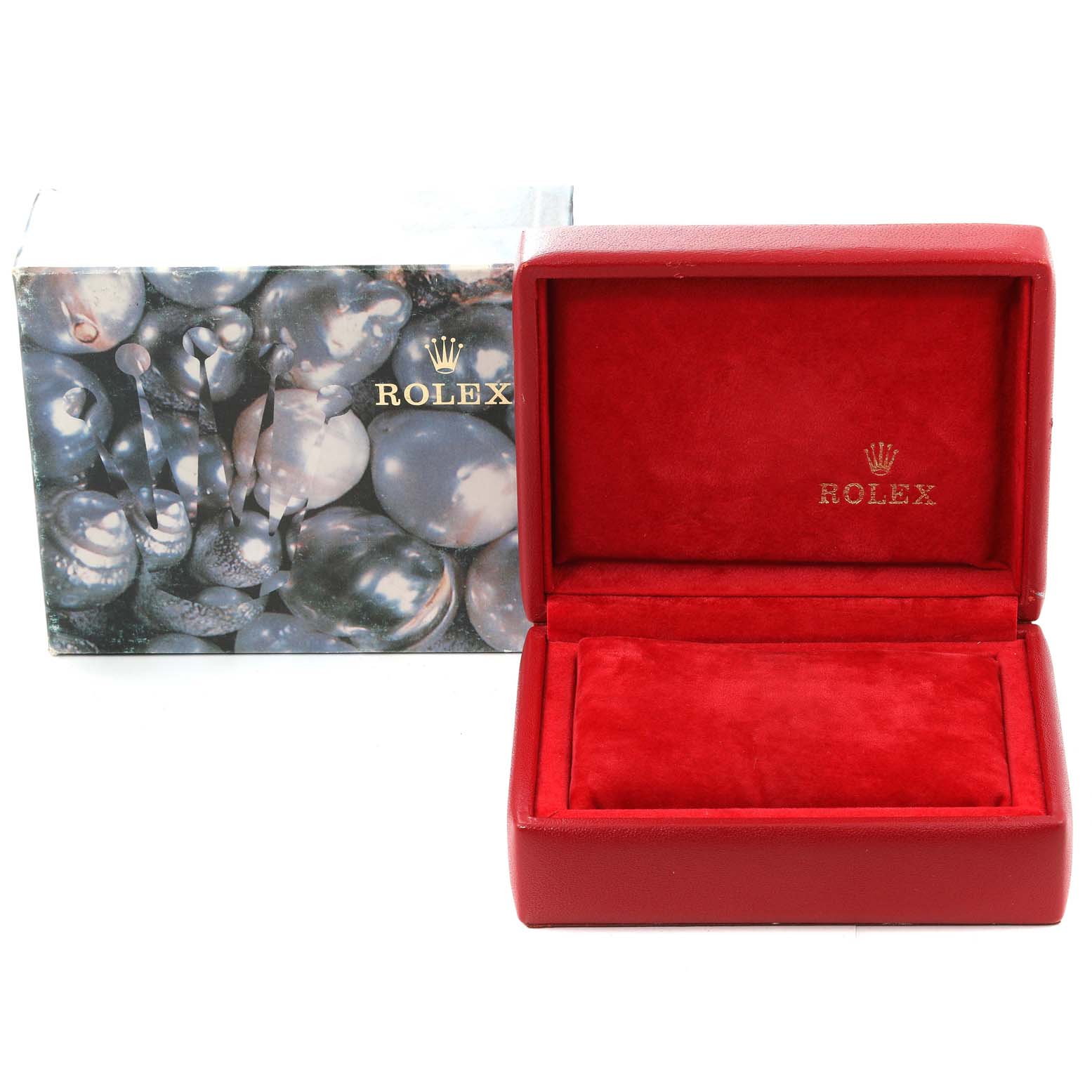 The image shows a Rolex Datejust 69173 Women's Steel and Gold (two tone) Champagne Dial 69173 Women's Steel and Gold (two tone) Champagne Dial watch box with an open red velvet interior and the outer packaging.