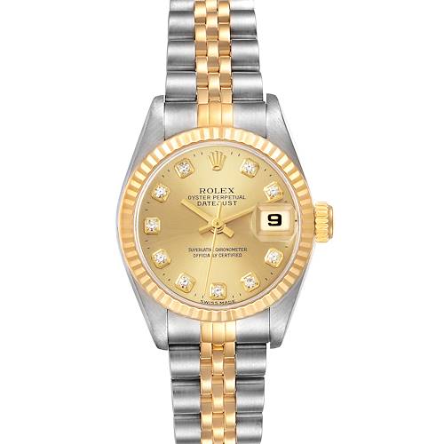 The image shows a front view of a Rolex Datejust watch, highlighting the dial, bezel, and two-tone bracelet.