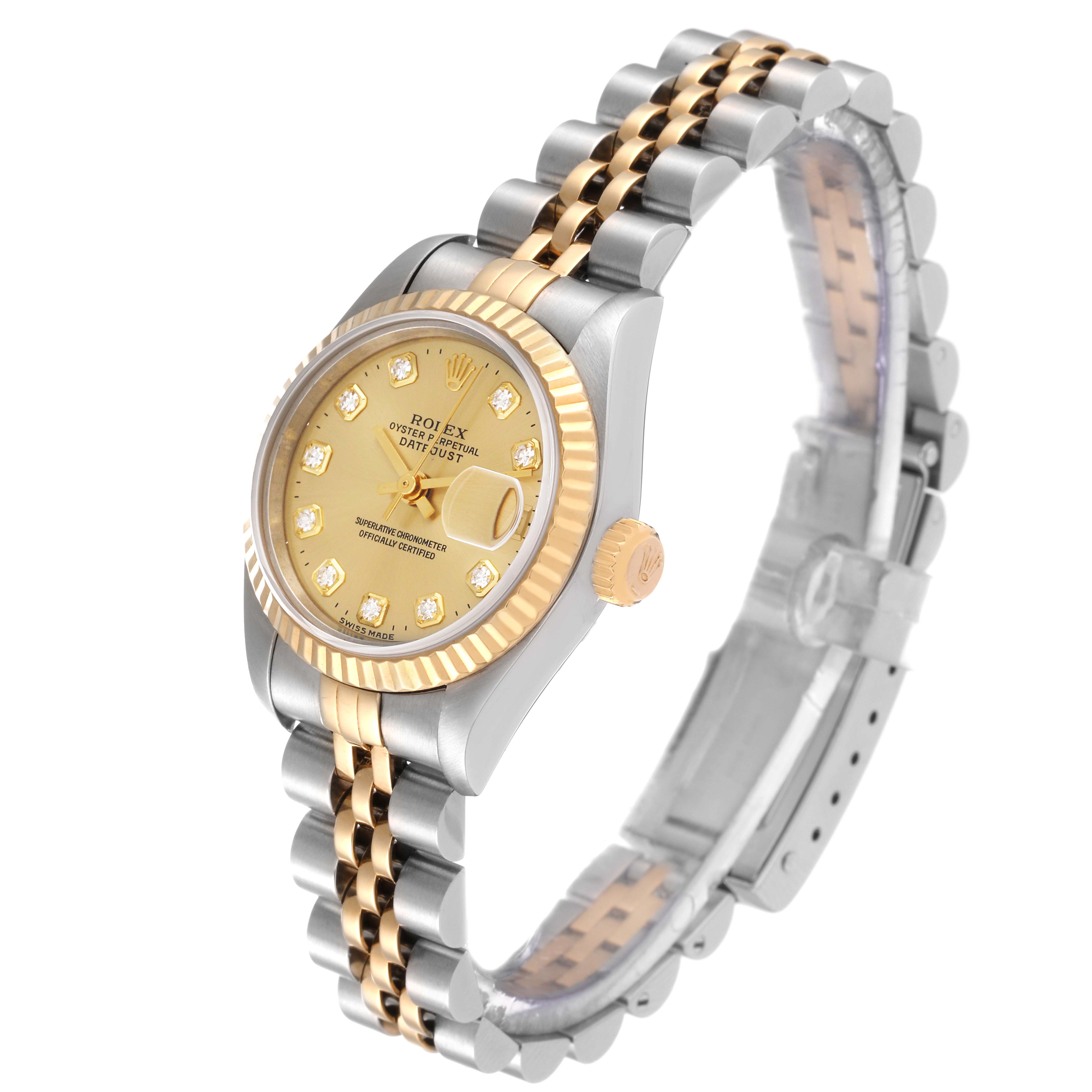 This image shows a Rolex Datejust 69173 Women's Steel and Gold (two tone) Champagne Dial 69173 Women's Steel and Gold (two tone) Champagne Dial watch at an angled top view, highlighting the gold dial, bezel, and Jubilee two-tone bracelet.