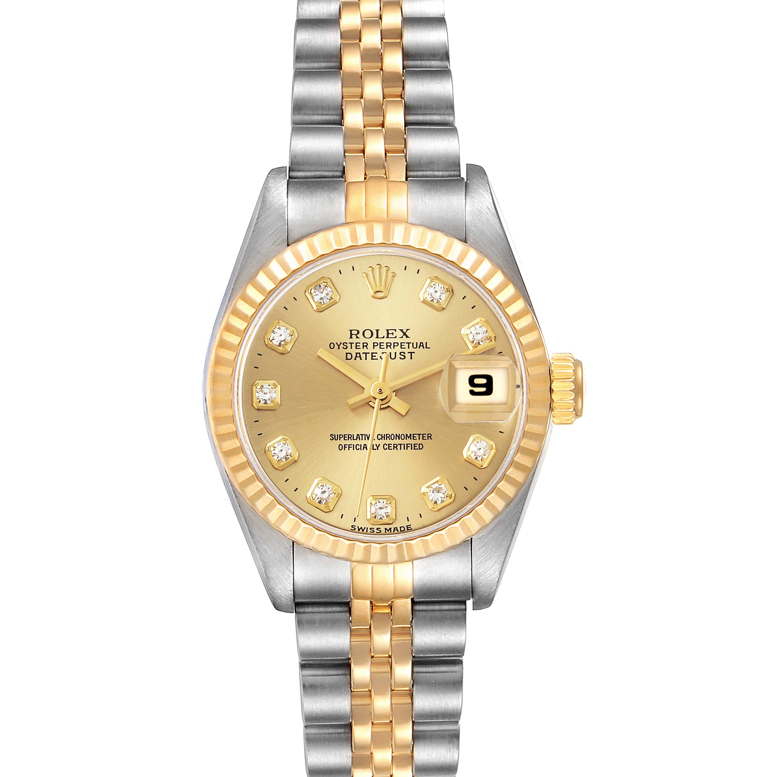 This image shows a front view of a Rolex Datejust 69173 Women's Steel and Gold (two tone) Champagne Dial 69173 Women's Steel and Gold (two tone) Champagne Dial watch, highlighting its gold dial, fluted bezel, and two-tone bracelet.